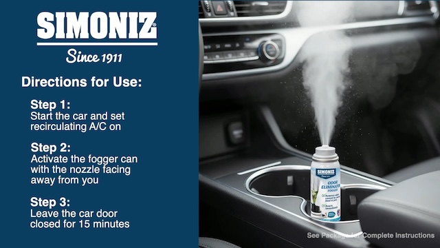 thumbnail video image 2 of Simoniz Automotive Odor Eliminating Vehicle Fogger/Freshener Fresh Linen Scent, 1.5 oz, 2 of 12