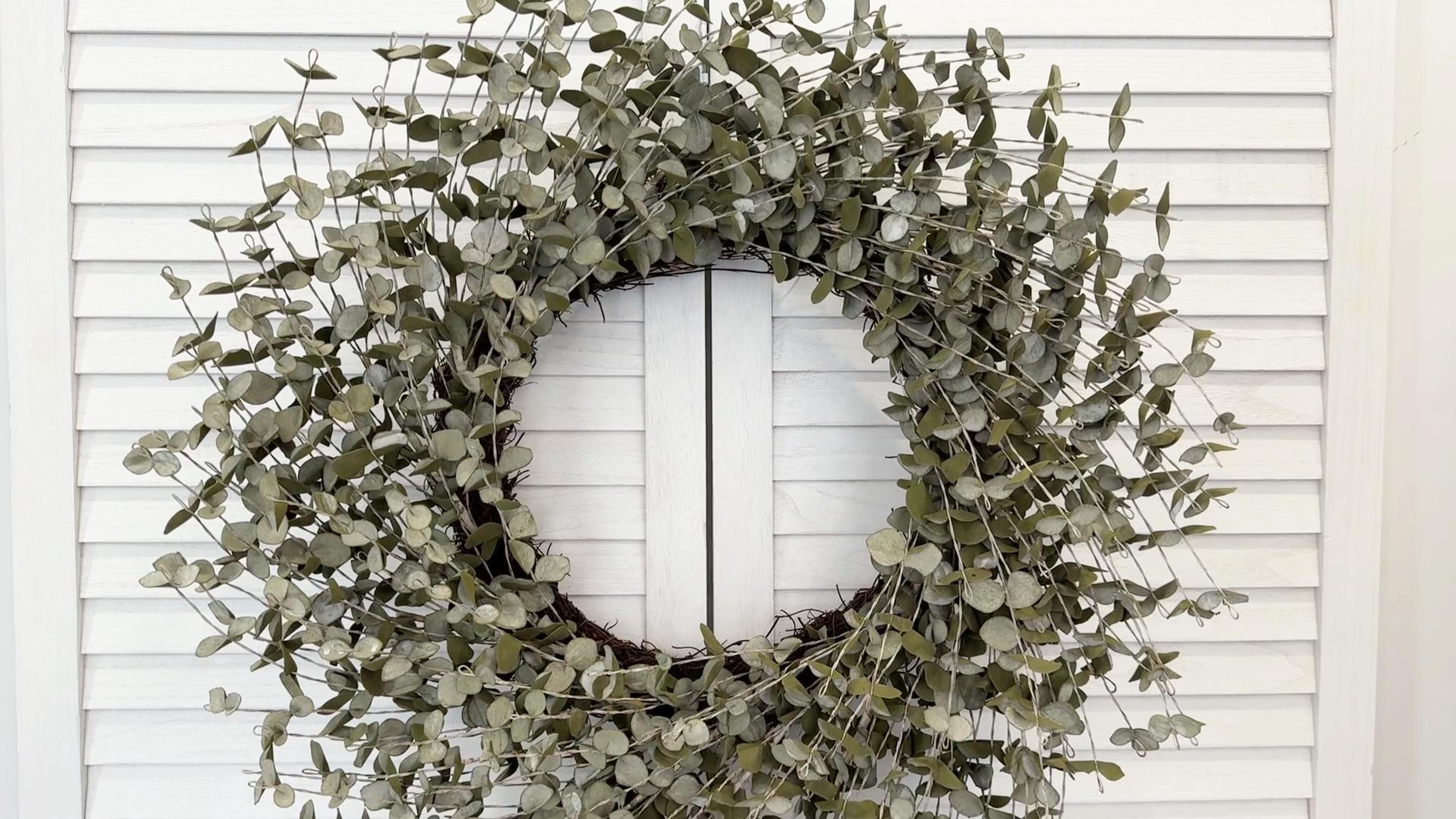 thumbnail video image 2 of 24 Inch Fall Front Door Wreath Mini Eucalyptus Foliage Wreath with EVA Washed White Leaves and Green Twigs Grapevine Farmhouse Wreath for Front Door Wall Window Festival Celebration Home Decor, 2 of 9