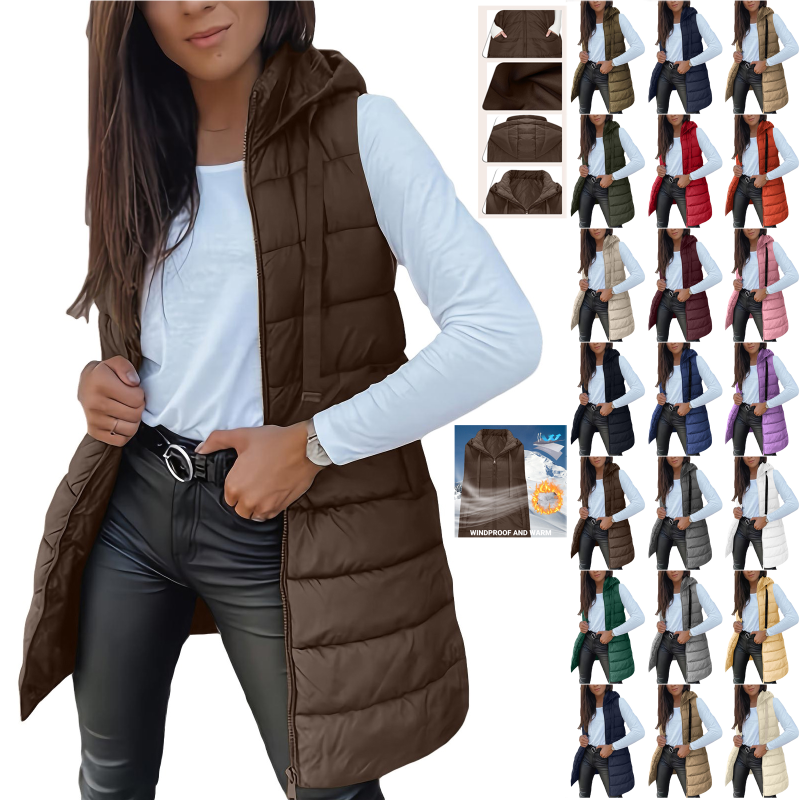 thumbnail video image 2 of Otntypg Long Puffer Vest Women Quilted Hooded Button Down Zip Up Sleeveless Vests Outerwear Padded Jacket Fall Winter Thermal Coat with Pockets, 2 of 11