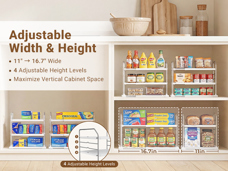 thumbnail video image 2 of EVERIE Extendable Holder for Heavy Items, Jars, Bottles, Cans, Plastic Bags, Wrap, Foil, Snack and Box for Kitchen, Bathroom, Pantry, Counter, Cabinets, 11'' to 16.7'' Wide, 2 of 9