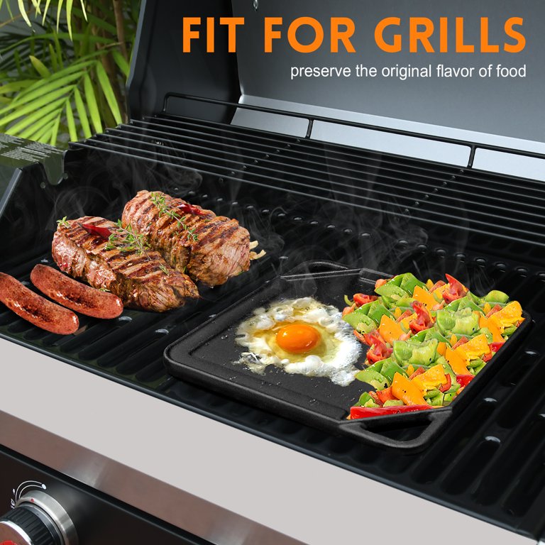 GasSaf 10x10 Inch Cast Iron Reversible Griddle, Double Sided Grill