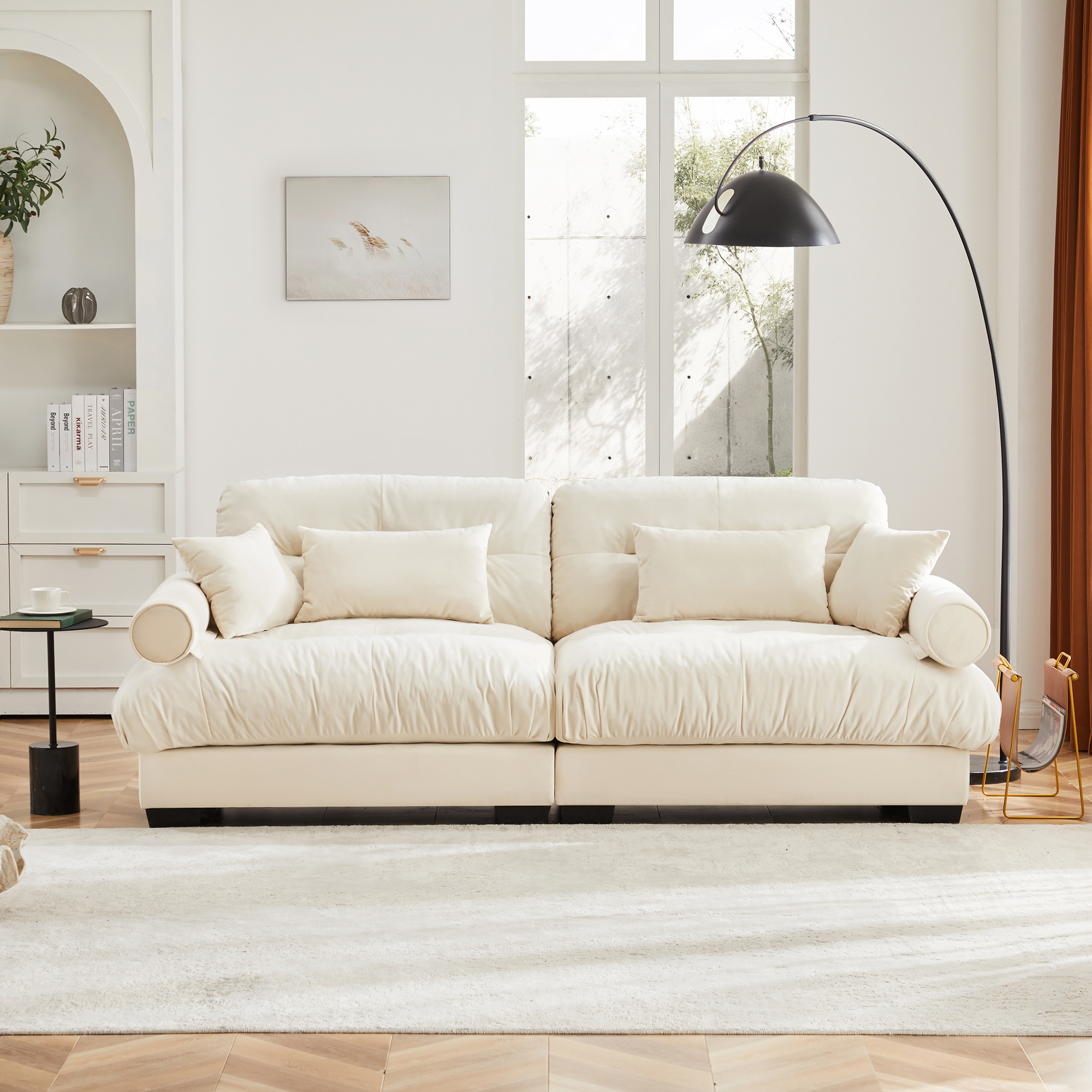 thumbnail video image 2 of Over Size Modern Two-seater Sofa with Ottoman, Velvet 2-Seater with Round Bolster Armrests,With Waist Pillow and Throw Pillows,Small L Shape Sofa For Living Room, Reading Room , Loft and Bedroom, 2 of 20