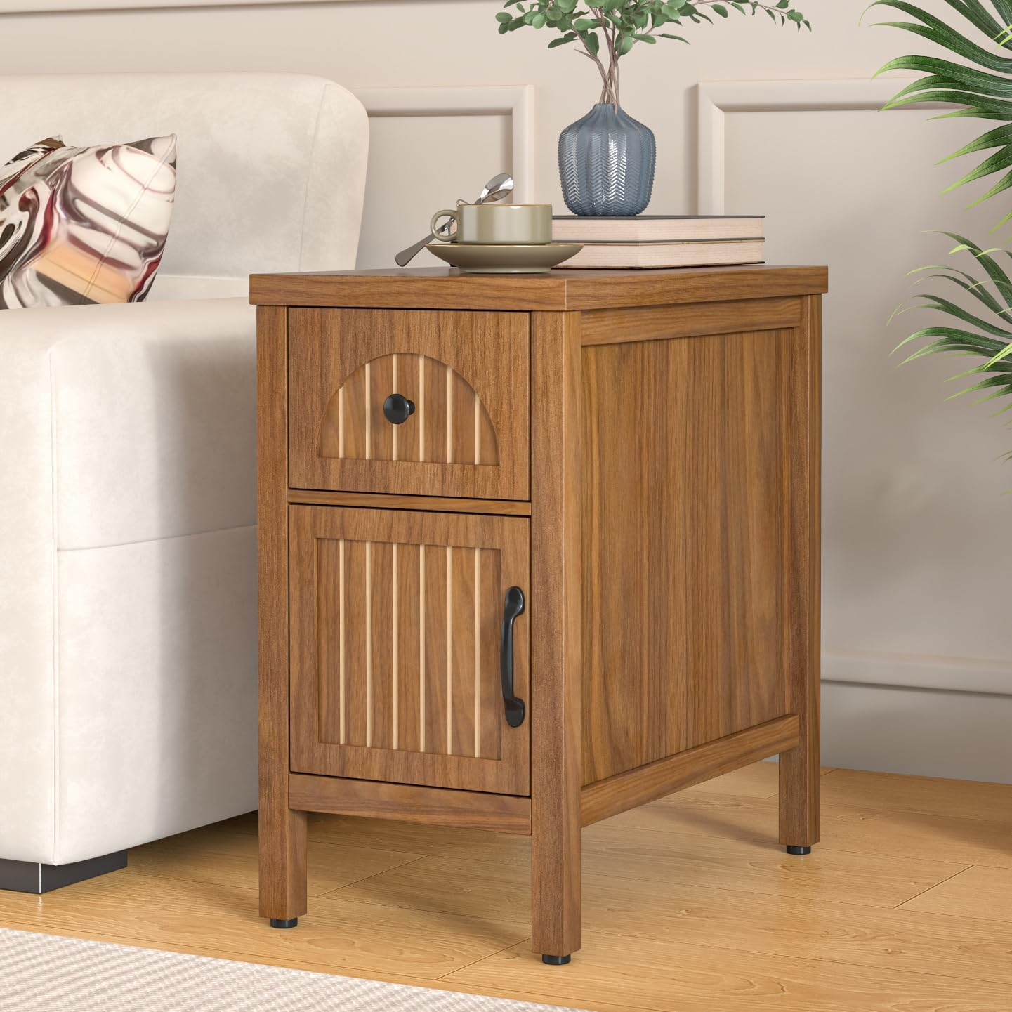 thumbnail video image 2 of Farmhouse End Table, Narrow Side Table Nightstand with Door and Drawer, Living Room, Natural, 2 of 9