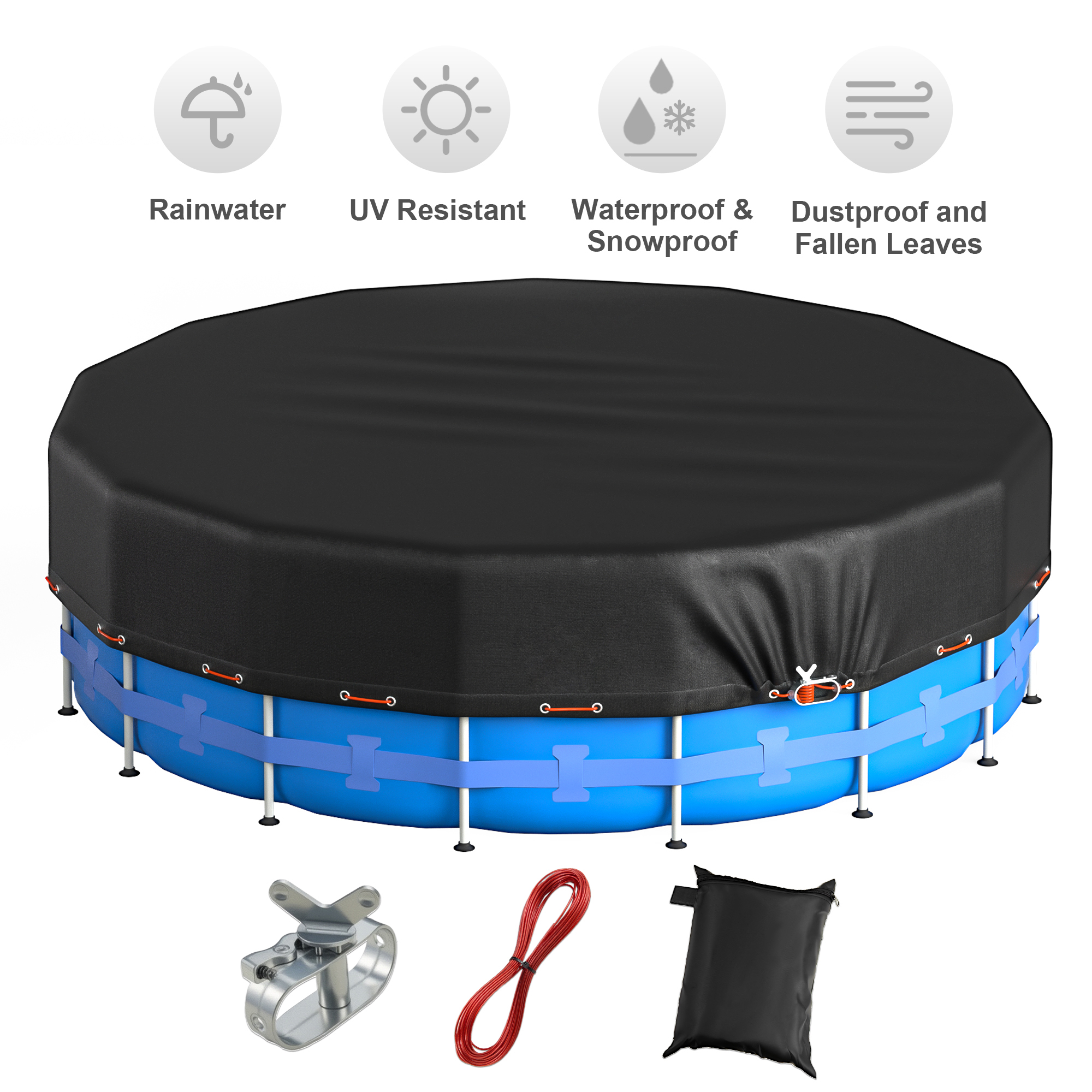 thumbnail video image 2 of Agricasst Round Pool Cover with Winch and Cable, 24FT Solar Pool Cover, Premium Black 420D Inflatable Pool Cover for Above Ground Pool Stability, Outdoor Backyard Pools, All Weather, 2 of 11