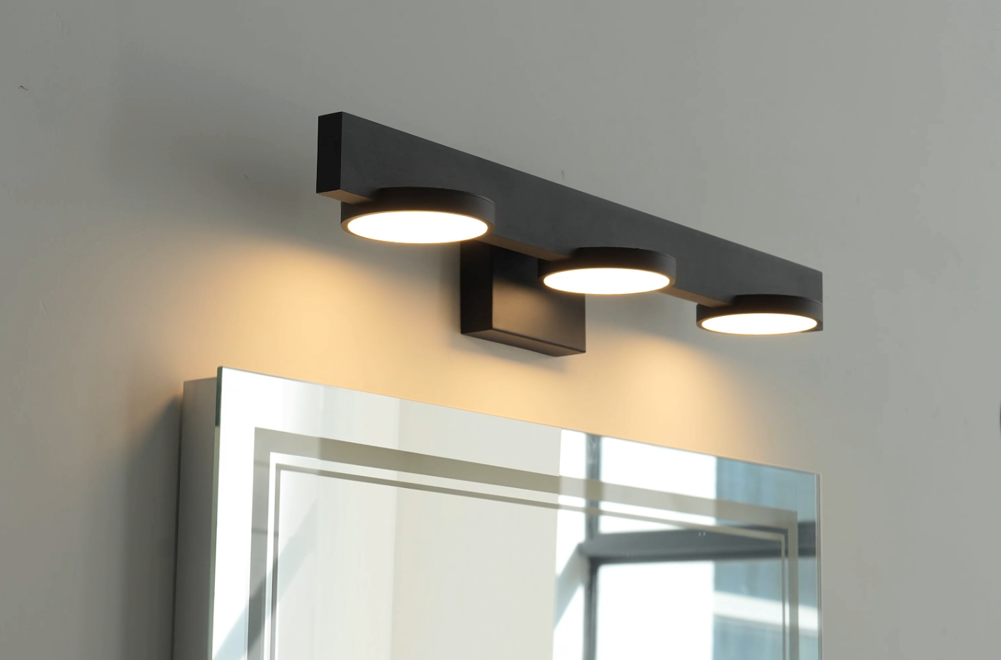 thumbnail video image 2 of C Cattleya 3-Light Black Aluminum LED Vanity Light with Frosted Acrylic Shade, 2 of 8