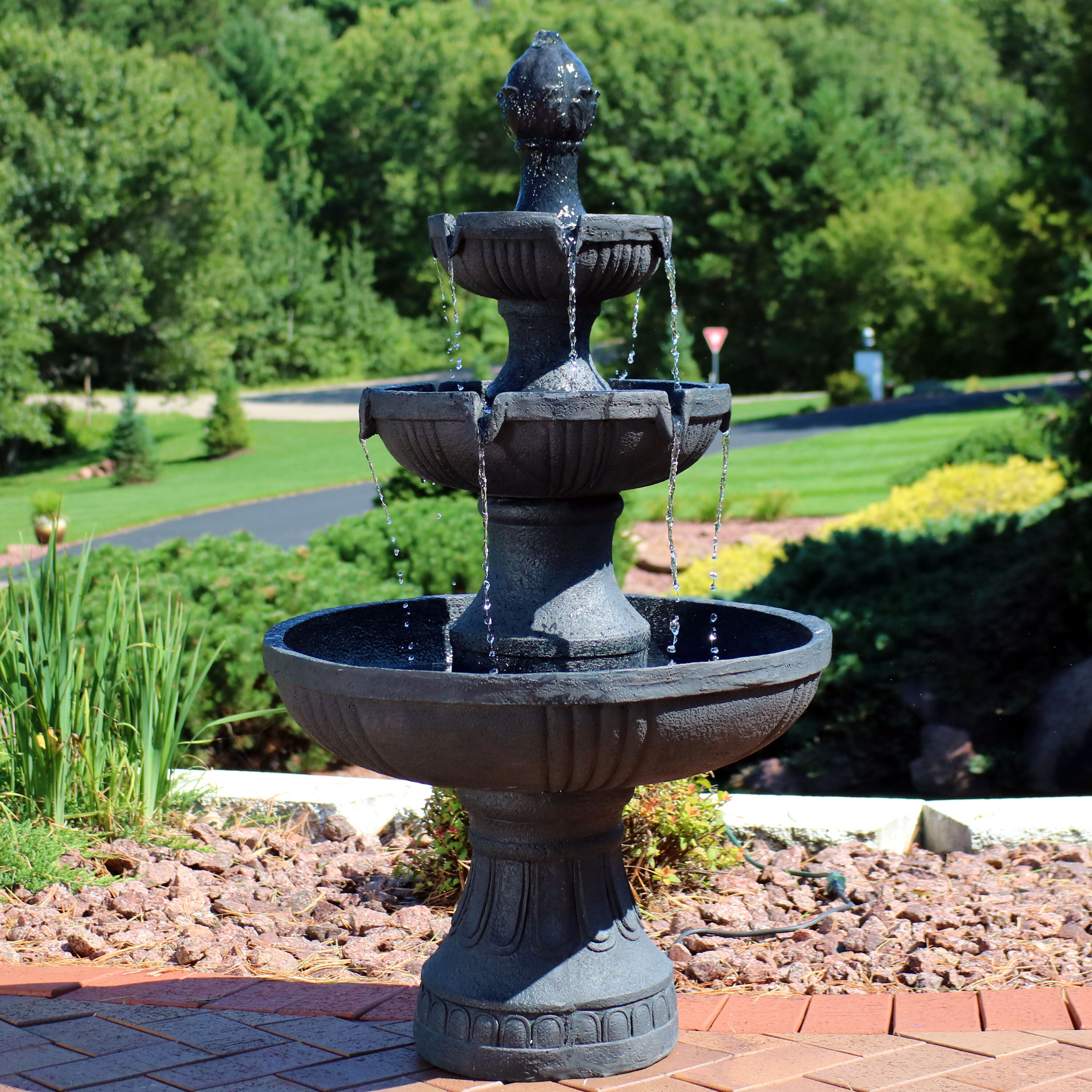 thumbnail video image 2 of Sunnydaze Flower Blossom Coal Black Traditional Resin 3-Tier Outdoor Water Fountain, 2 of 15
