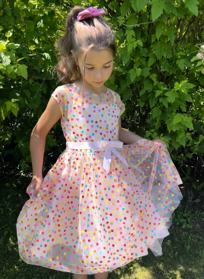 thumbnail video image 2 of Girls Dress Pink Rainbow Polka Dot Pleated Tulle Party Gown Sleeveless 12 Years, 2 of 7