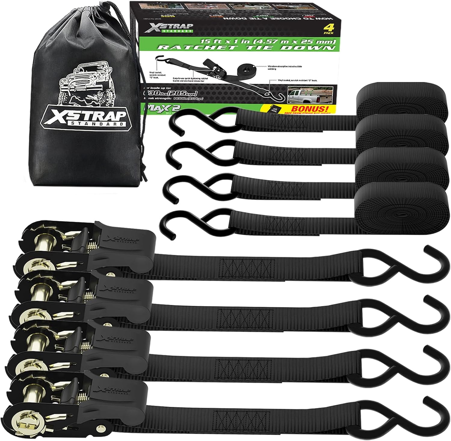 thumbnail video image 2 of XSTRAP STANDARD Ratchet Tie Down Straps - 4 Pack - 1" x 15 Ft - 630 Lbs Load Capacity, 1890 Lbs Break Strength - Heavy Duty Cargo Straps for Moving, Appliances, Lawn Equipment, Motorcycles (Black), 2 of 10