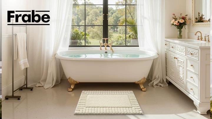 thumbnail video image 2 of FRABE Bathroom Rugs Non Slip with Rubber Backing, Extra Soft Plush Microfiber Bath Rug Absorbent, Machine Washable Bath Mat Quick Dry for Tub, Shower, Ivory White, 24"x43", 2 of 10