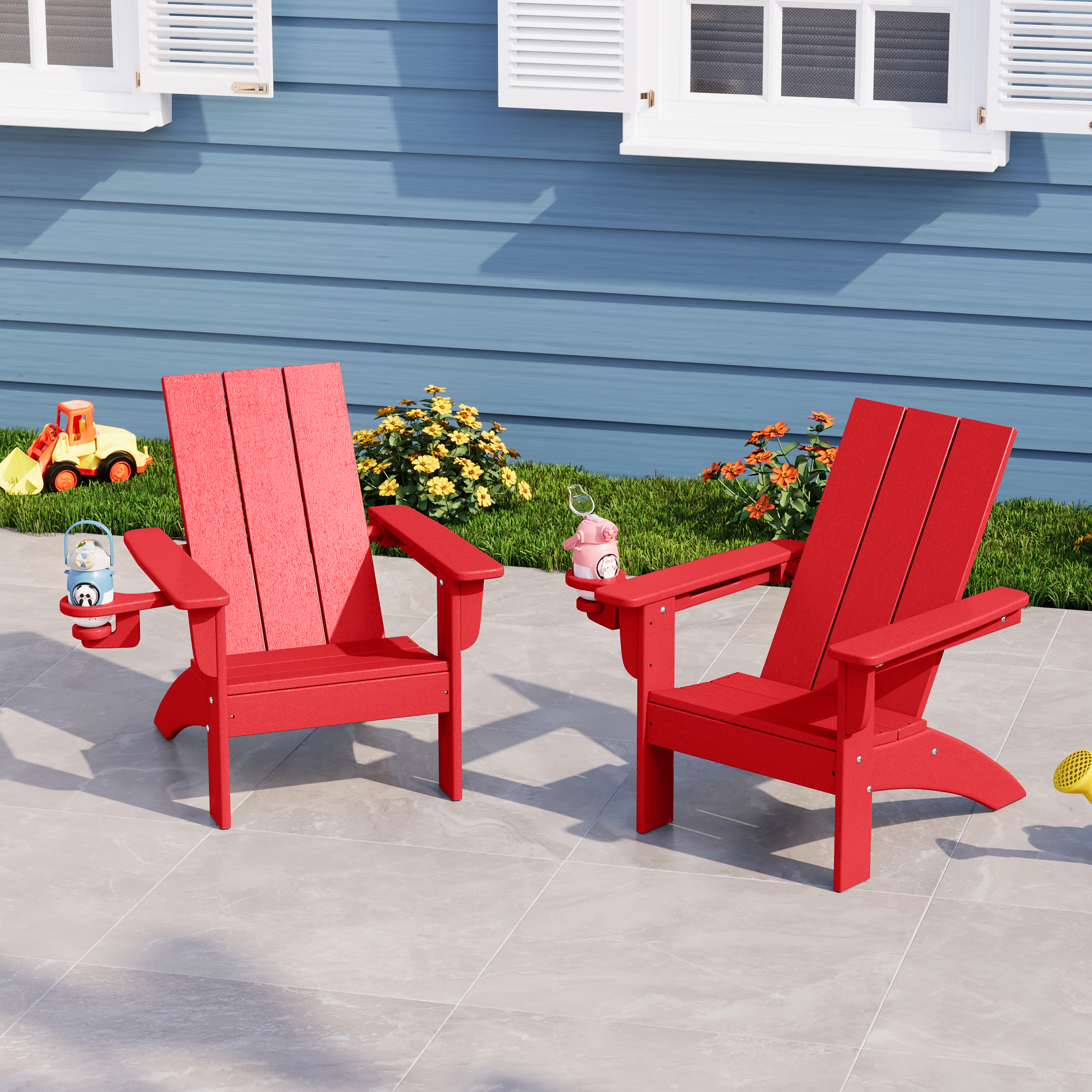 thumbnail video image 2 of WestinTrends Ashore Kids Outdoor HDPE Plastic Modern Adirondack Patio Chairs with Cup Holders (Set of 2), Red, 2 of 14