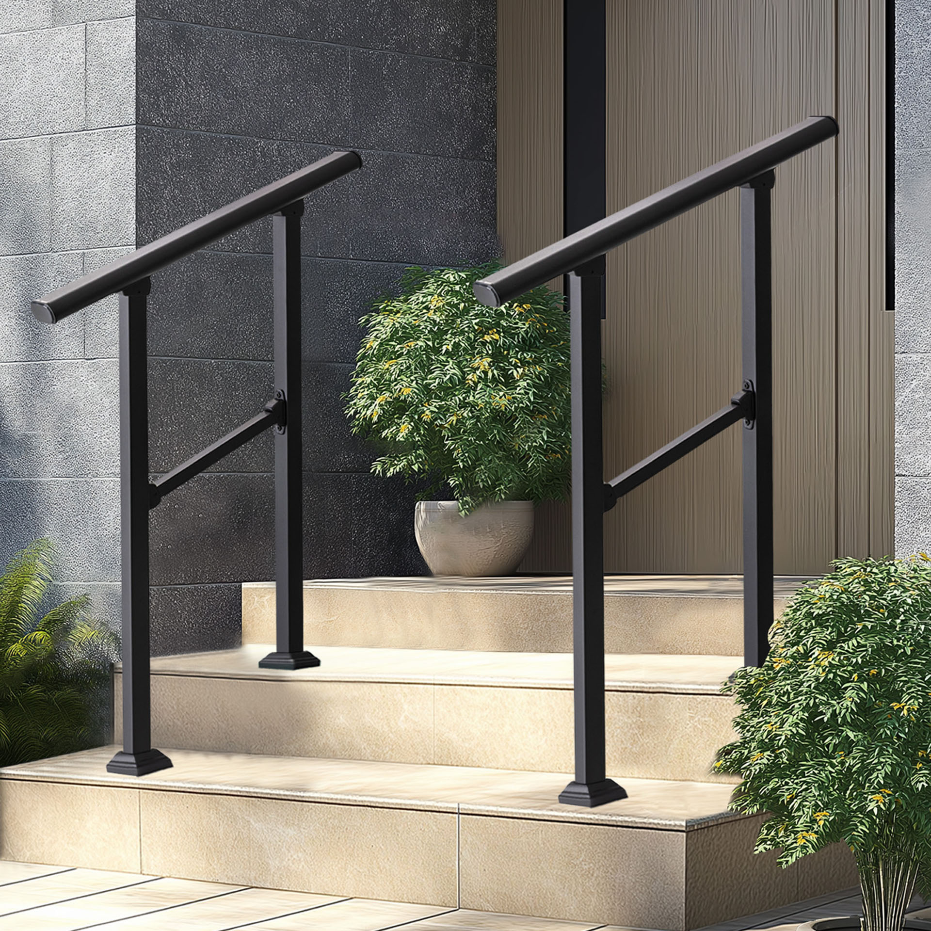 thumbnail video image 2 of Pmango Carbon Steel Handrail for Outdoor 2 Steps, 27" L x 39" H, Upgraded Exterior Decking Railing for Porch, Deck, Easy to Install for Concrete/Brick/Wood, Screw Kit Included #LYFS02BK-US, 2 of 9