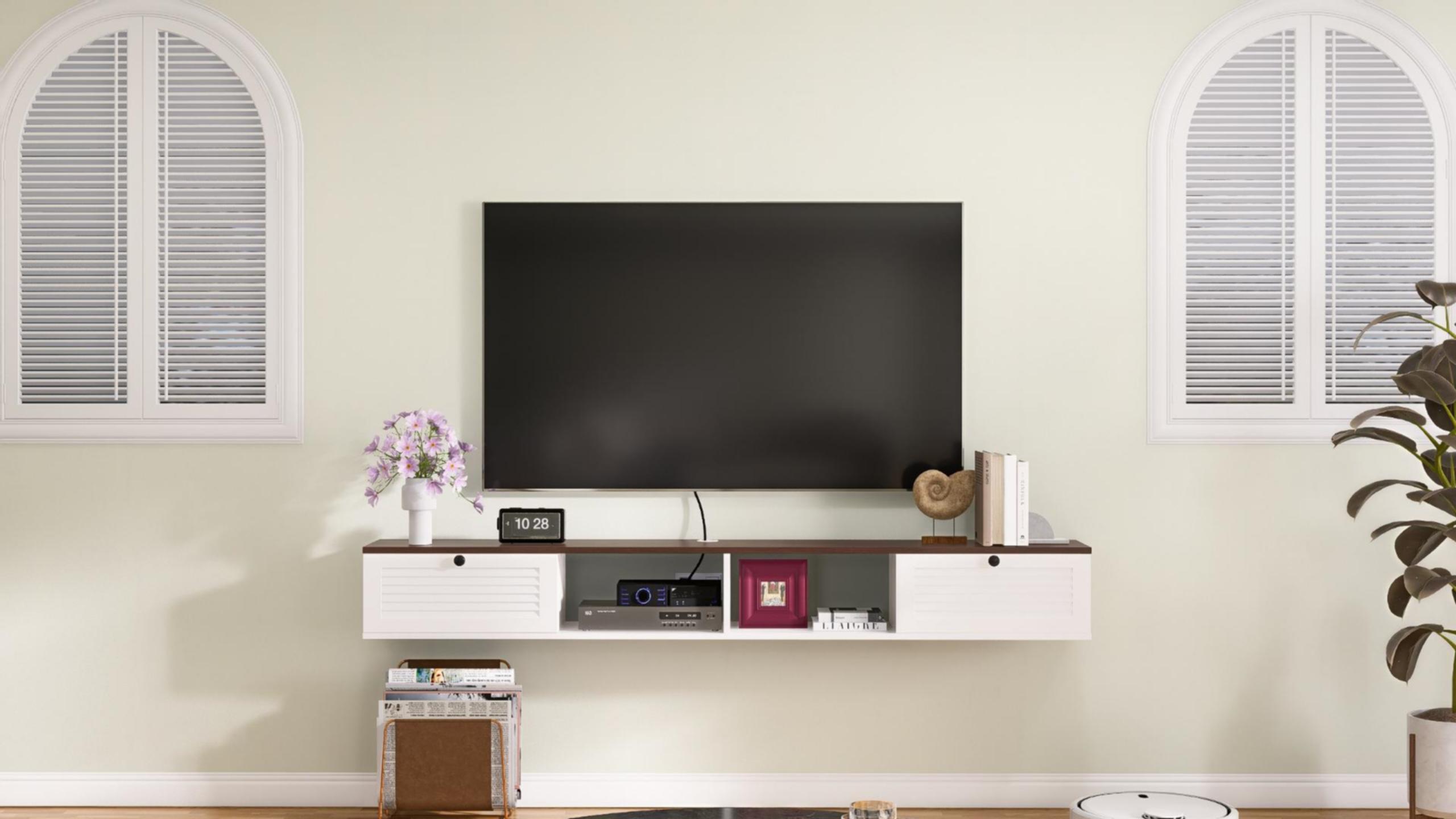 thumbnail video image 2 of ​​FloatiCasa 78" Floating TV Stand Wall Mounted Entertainment Center for TVs up to 78" Media Console  with Cable Management (Walnut & White)​​, 2 of 15