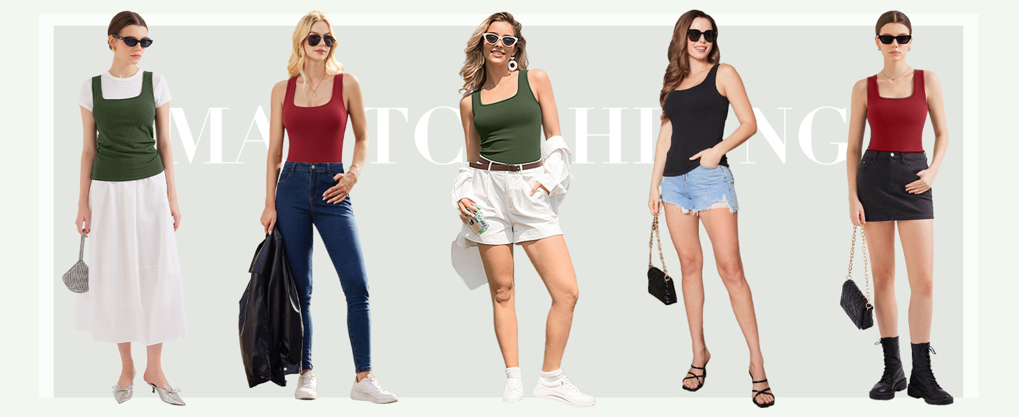 thumbnail video image 2 of ANFERRY Seamless Ribbed Tank Tops for Women Square Neck Camisoles Built in Bra Slim Fit Cami Tops, 2 of 9