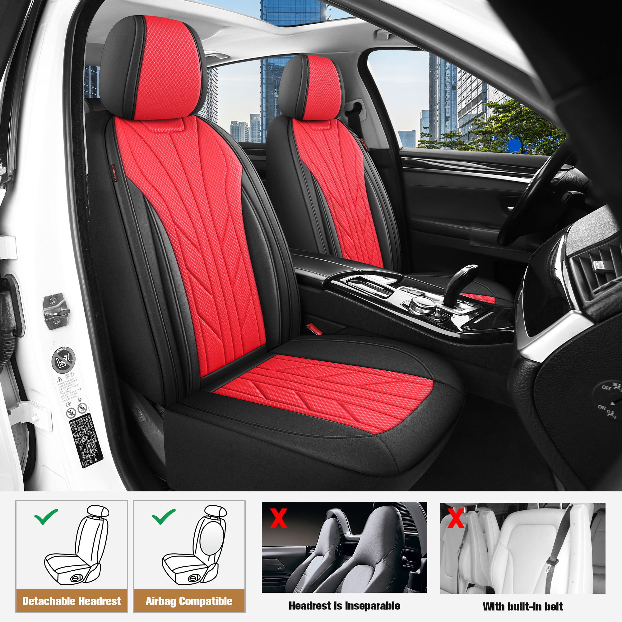 thumbnail video image 2 of Caromop Red, Luxury Faux Leather & Fabric, Breathable 3D Foam, Armrest Covers,Airbag compatible,Front Seat Covers, 2 of 9
