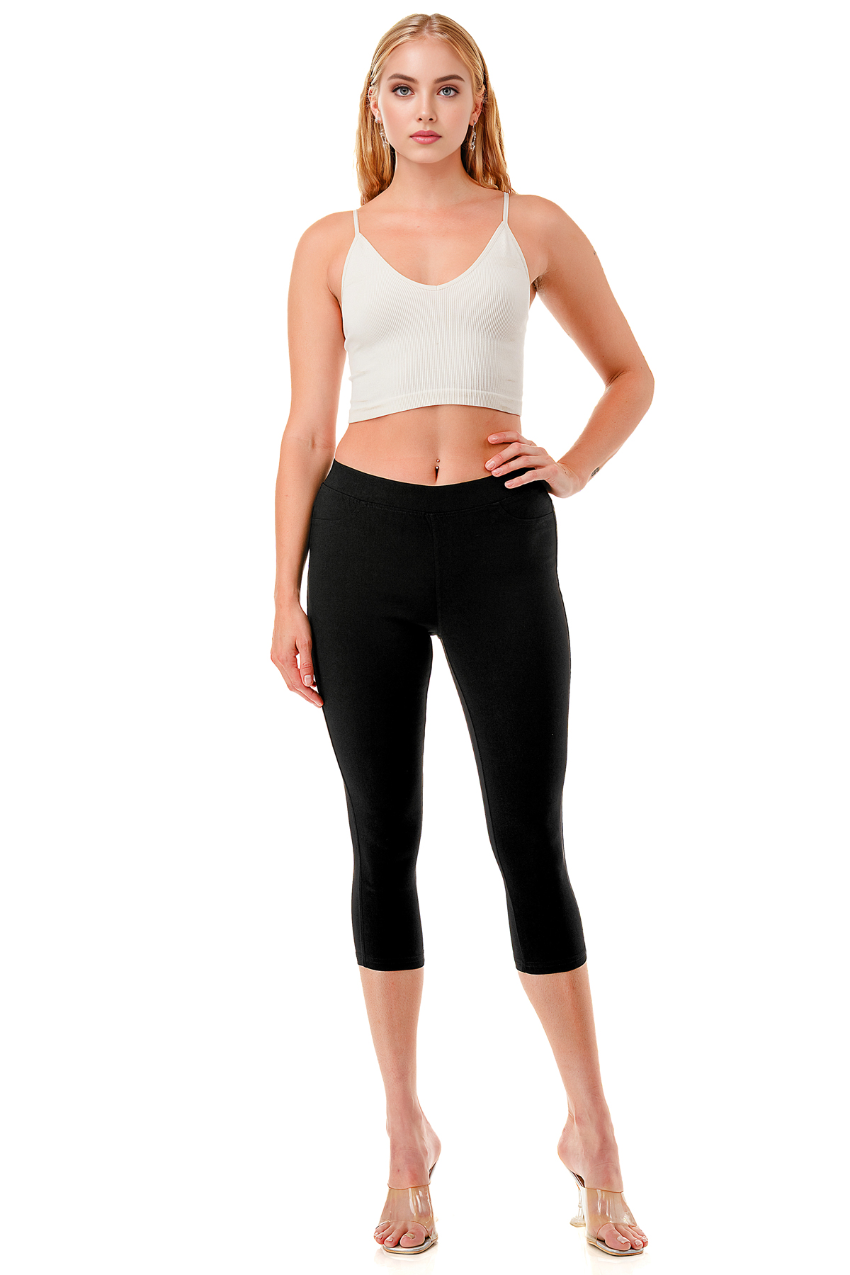 thumbnail video image 2 of 3 Pack Women's High Waisted Capri Jegging Stretch Jean Style Capris Size S -3XL Inseam 19", 2 of 6