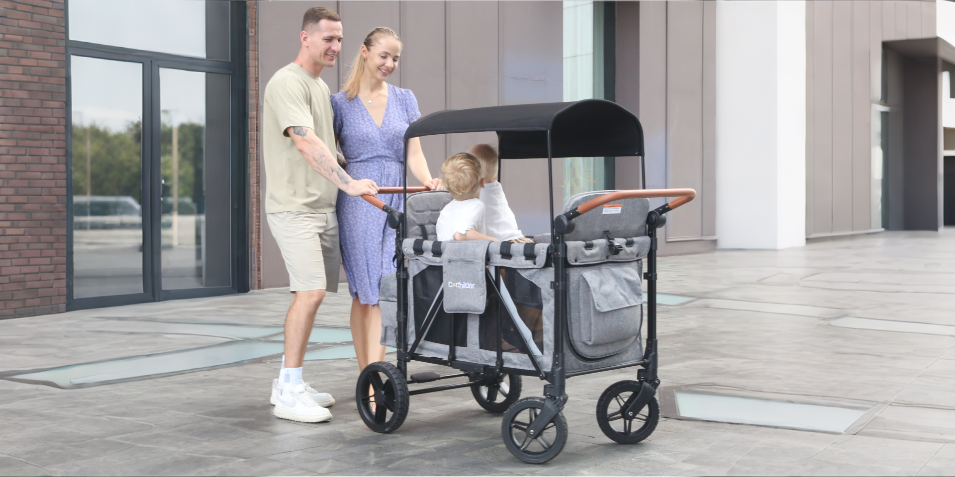 thumbnail video image 2 of Cochildor Elite Pro All-Terrain Heavy Duty 4-Seater 300lb Capacity Stroller Wagon, Light Grey, 2 of 9