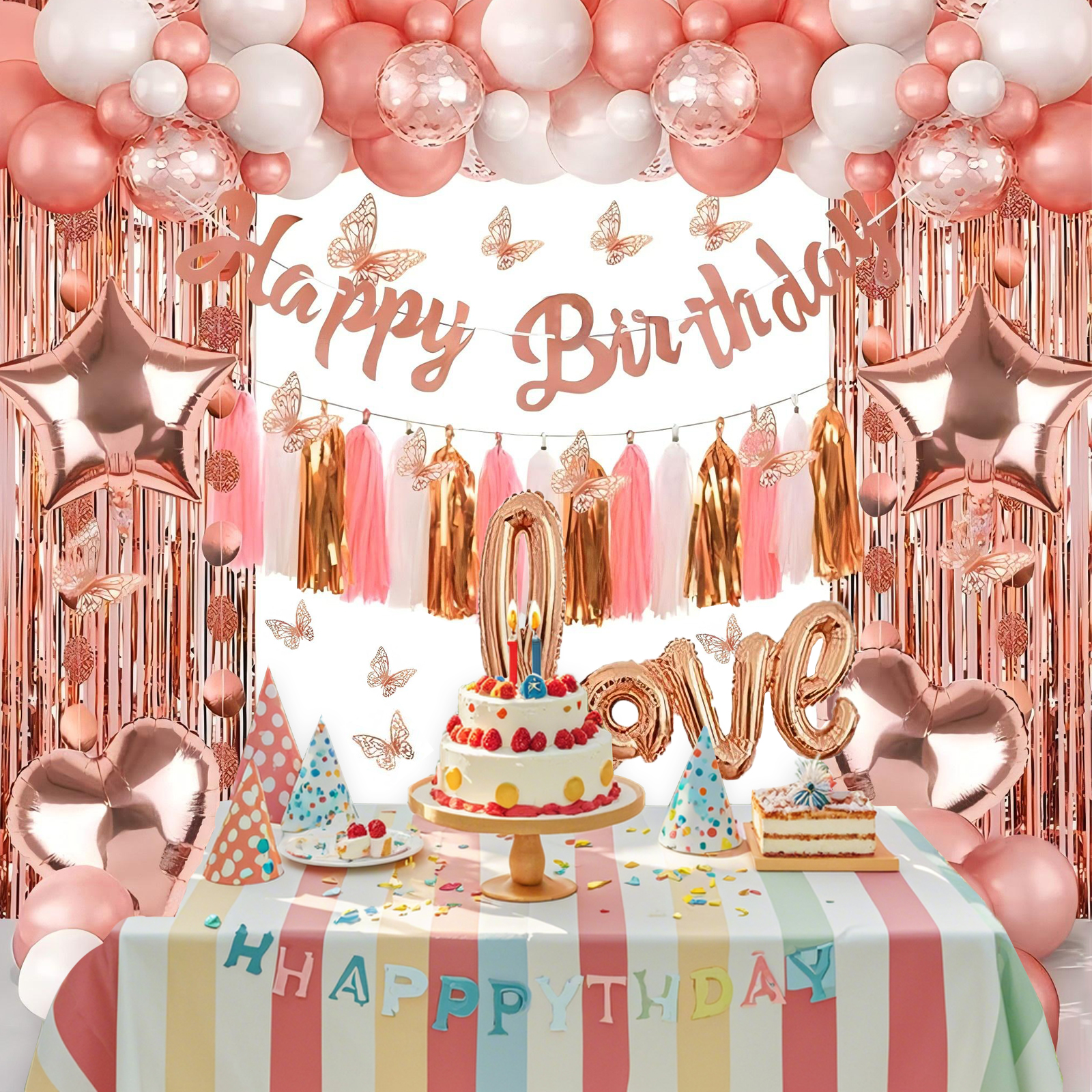 thumbnail video image 2 of (3 pack) Lockways Happy Birthday Balloons Decorations Set 129pcs Rose Gold & Pink Party Decorations Cake Topper Circle Dots & Swirls Garlands Confetti Balloons, 2 of 10