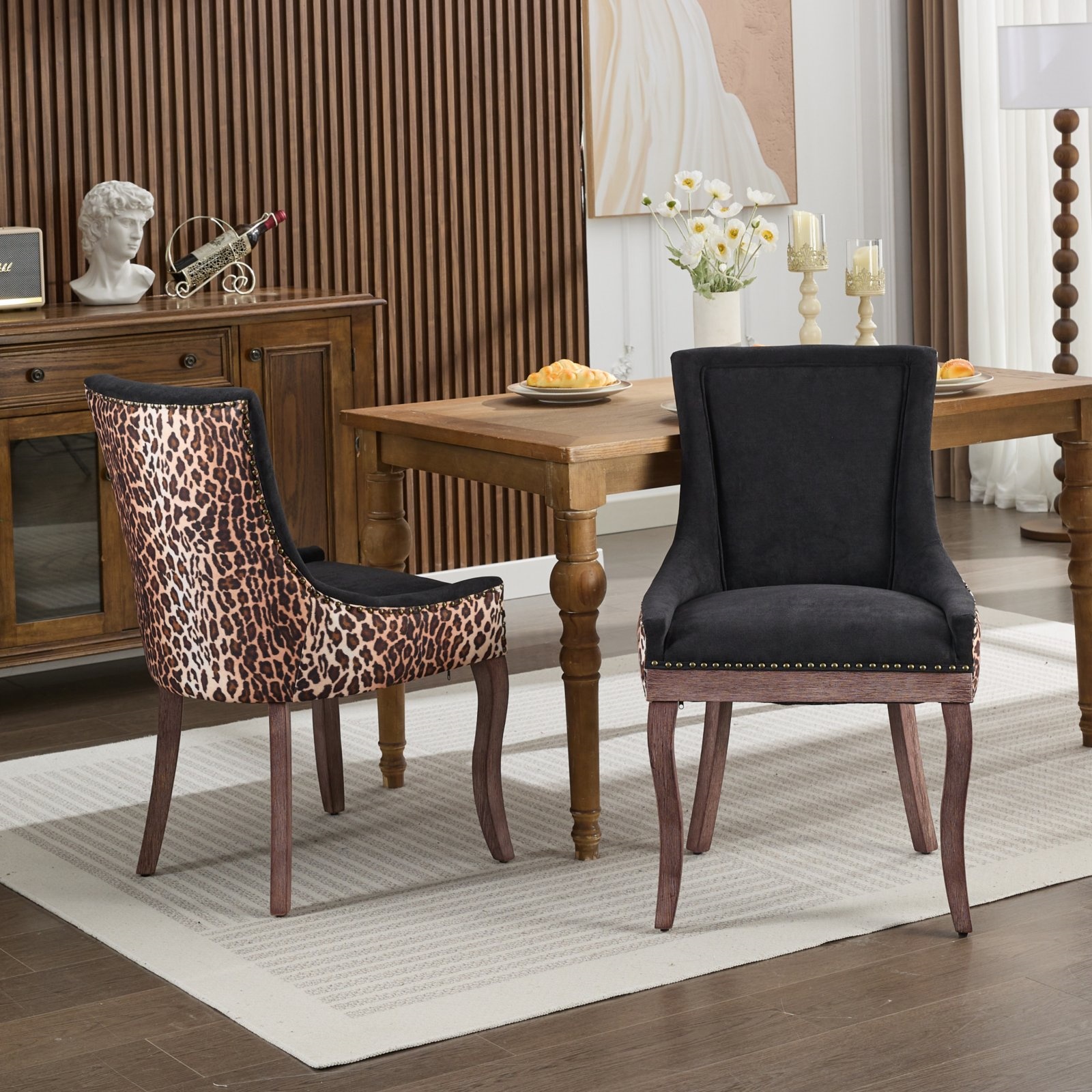 thumbnail video image 2 of Ultra Side Dining Chair, Thickened Fabric Chairs With Neutrally Toned Solid Wood Legs, Bronze Nail Head, Set Of 2,Leopard Print,Leopard, 2 of 24