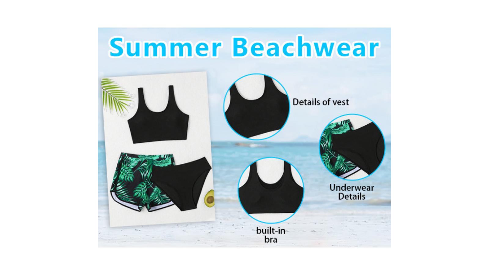 thumbnail video image 2 of Girls Swimsuit with Shorts 3 Pieces Tankini Bathing Suit Girl's Bikini Swimwear 11-17 Years, 2 of 6