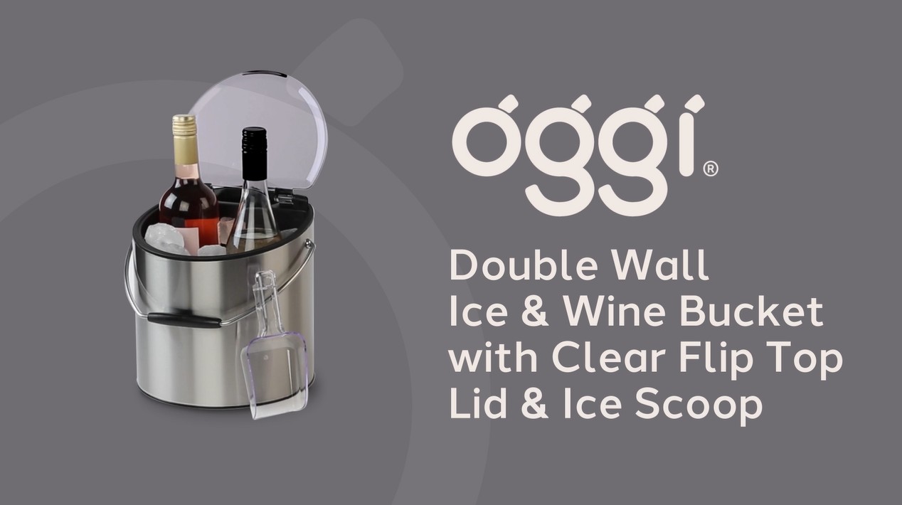 thumbnail video image 2 of Oggi 4 Qt. Wine Bucket w/ Ice Scoop, Clear Lid, Large & Suited to Chill Wine, Holds 2 Bottles, Stainless Color Model, 2 of 8