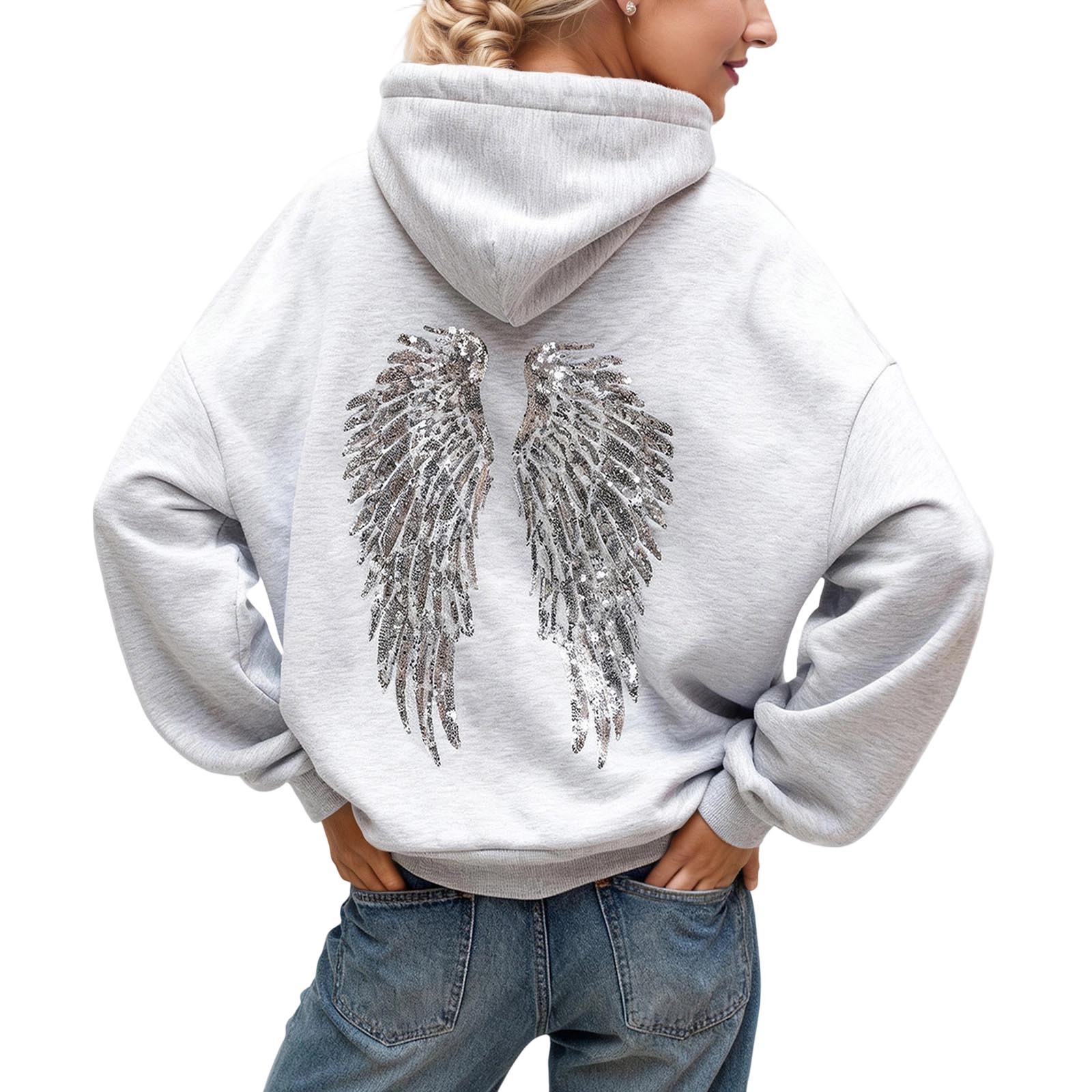 thumbnail video image 2 of Angel Wings Hoodies for Women Long Sleeve Drop Shoulder Sweatshirts with Rhinestone and Pockets Vintage Oversized Fall Winter Jacket, 2 of 8