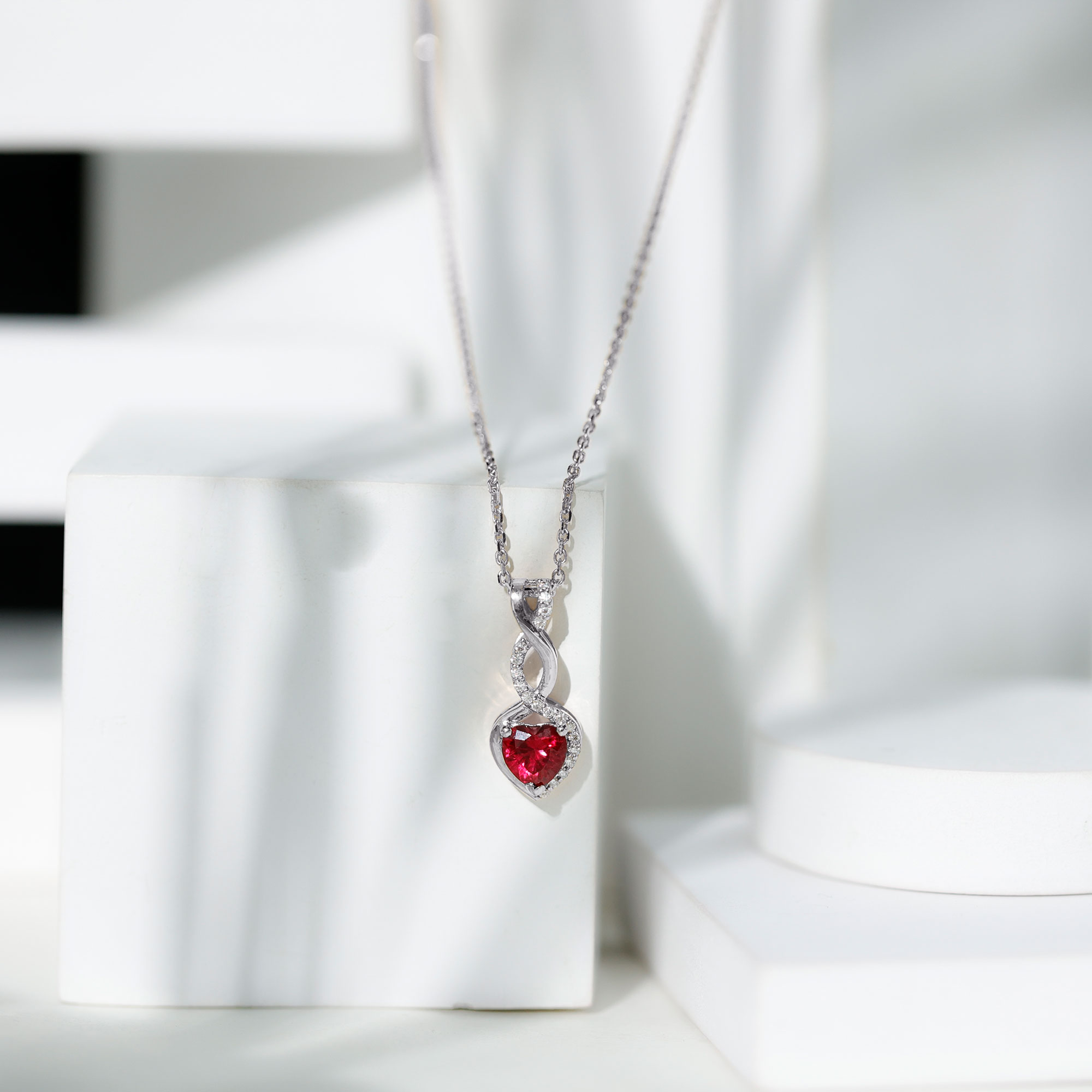 thumbnail video image 2 of Rosec Jewels Lab Grown Ruby Heart Pendant (6 mm, AAAA Quality) - Infinity Dangle Necklace - Ready to Gift for Valentines Day, 10K White Gold, 2 of 6