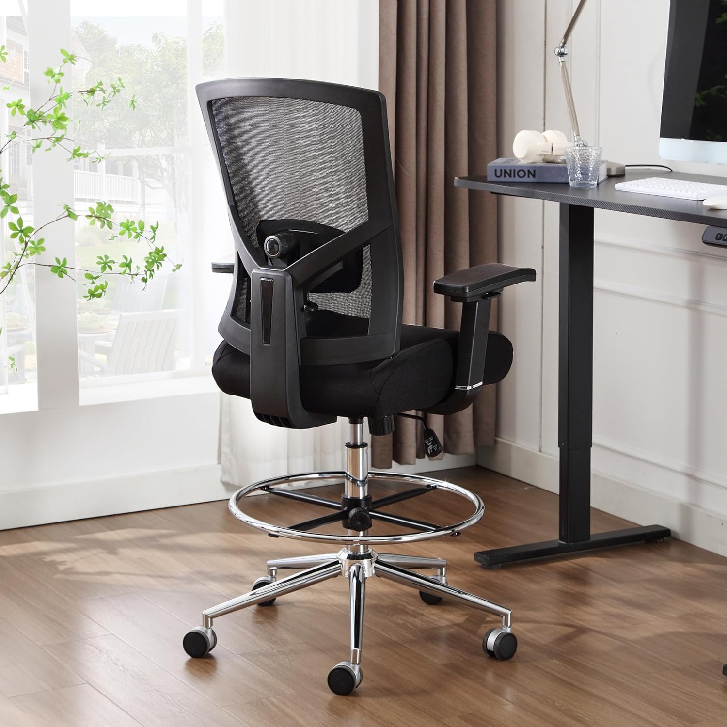 thumbnail video image 2 of JONPONY 500LBS Drafting Chair, Heavy Duty Office Chair with Adjustable Lumbar Support & Footrest Ring, Comfy Extra Deep Thicken Cushion, Breathable Mesh Standing High Desk Chair with 4D Armrests, 2 of 9