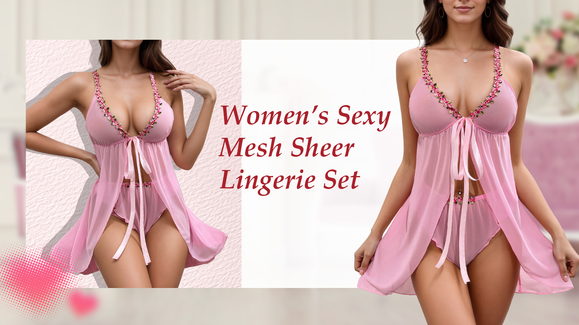 thumbnail video image 2 of Ausing Womens Lingerie Set Open Front Ruffle Babydoll Dress Lace Up Mesh Wireless Nightdress See Through V Neck Chemise Nightie with Panties 2 Piece Pink L, 2 of 6