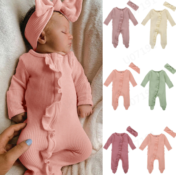 thumbnail video image 2 of HNMKIU Baby Girls Boys Spring Fall Clothes Knit Ruffle Footies Baby Romper Jumpsuit with Headband Outfit for Light Purple,3-6 Months, 2 of 10
