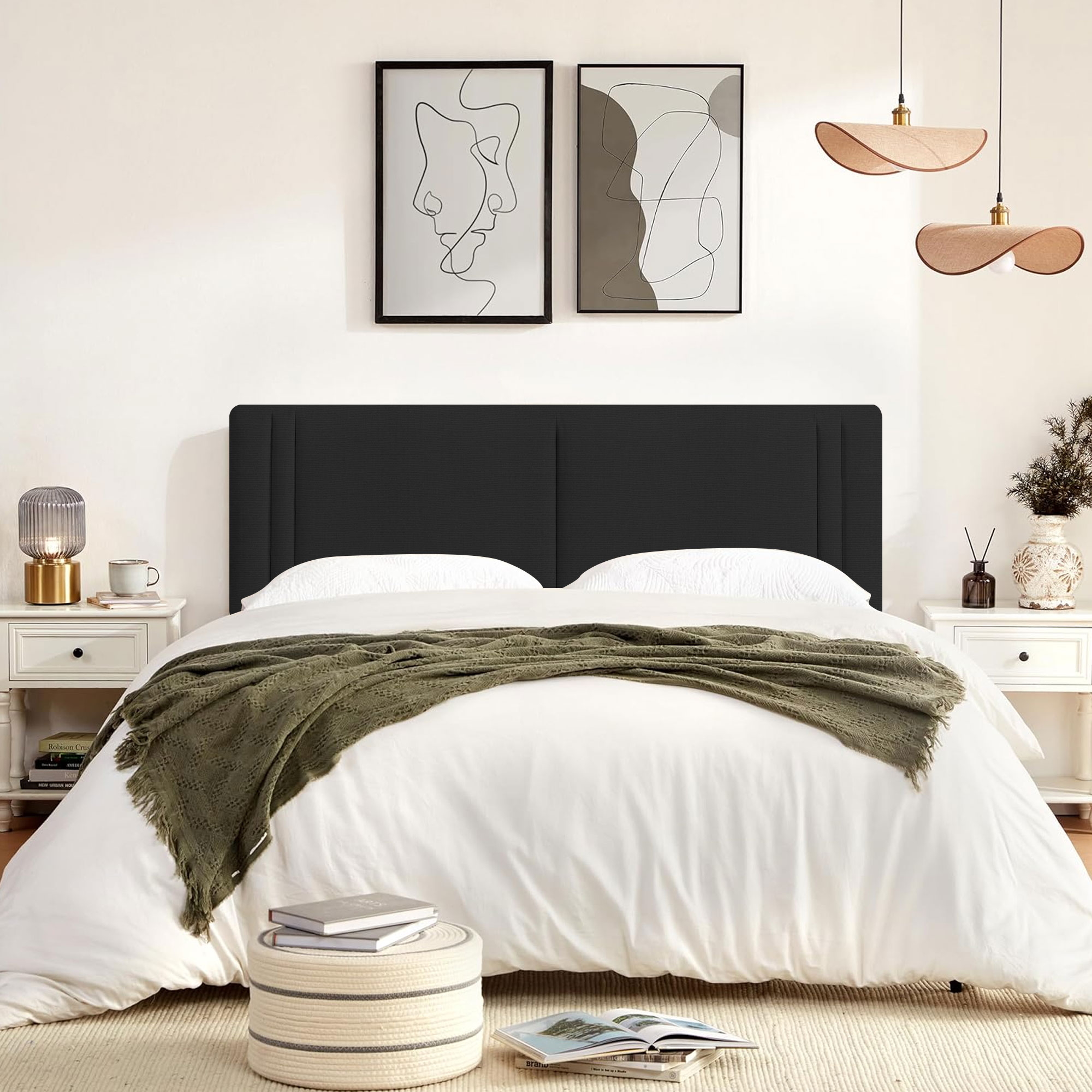 thumbnail video image 2 of JONPONY Upholstered Full Headboard,Solid Wood Head Board with Linen Fabric,Adjustable Height Headboard from 37" to 51",Bed Frame Adapters,Headboard Only,Black, 2 of 12