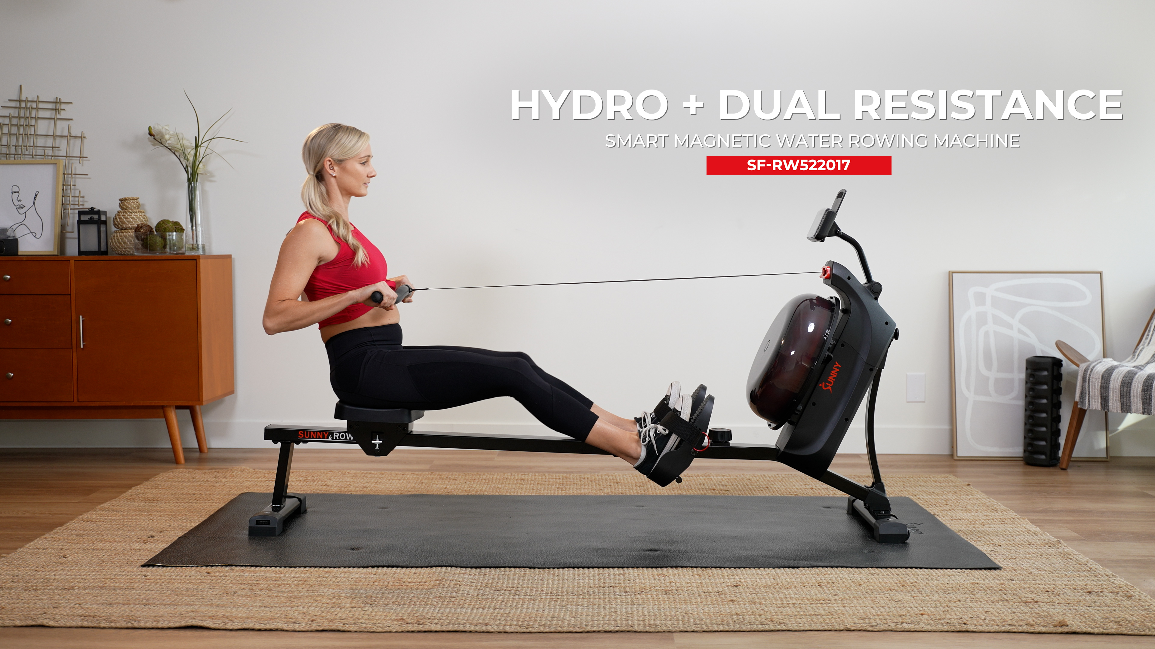 thumbnail video image 2 of Sunny Health & Fitness Hydro + Magnetic & Water Rowing Machine w Smart Bluetooth & Free SunnyFit® App - SF-RW522017BLK, 2 of 8