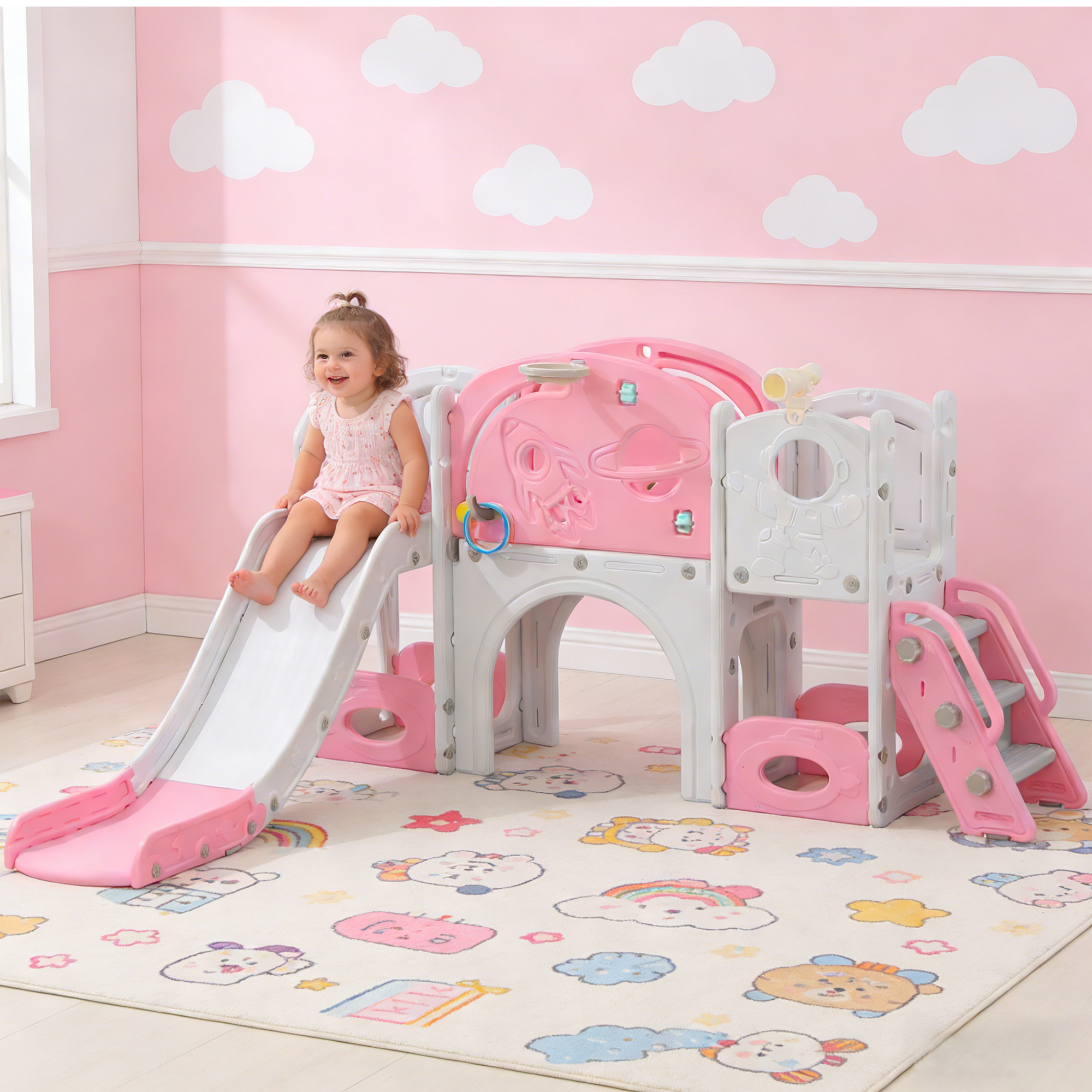 thumbnail video image 2 of Shengchao Trade   12 in 1 Toddler Slide , Astronaut Themed  for Baby Slide Toddlers Aged 1-3, with Astronaut,Telescope, Basketball Hoop and Ring Toss, Toddler Playset Blue Gray Combo, 2 of 15