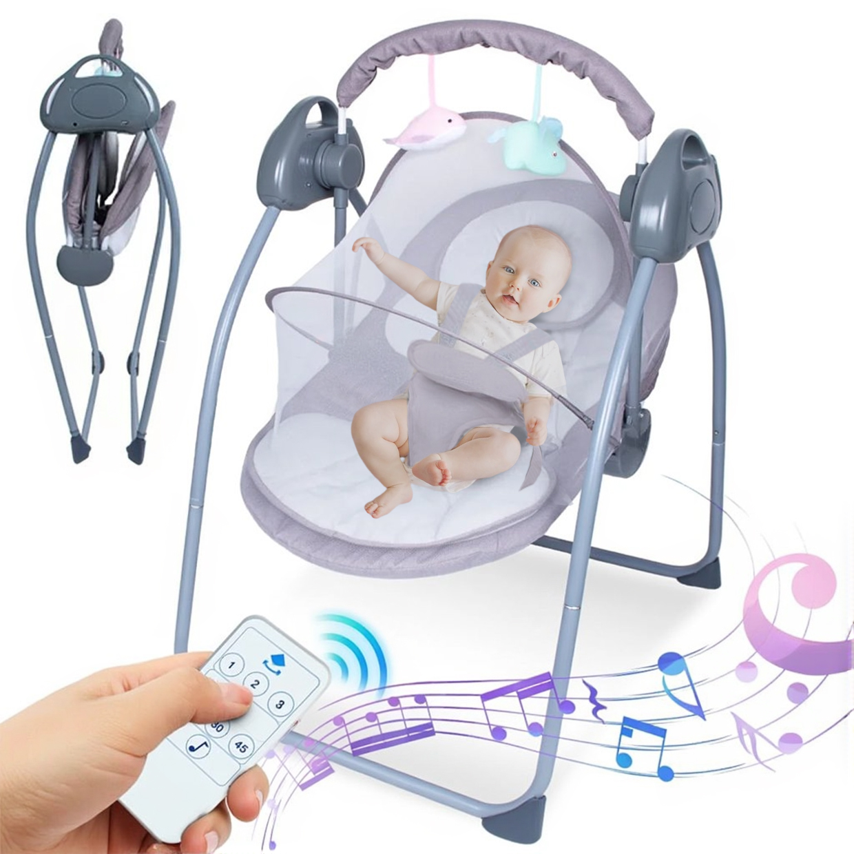 thumbnail video image 2 of Yabanana Baby Swing with 5-Point Safety Harness, Bluetooth Control,5-Swing Speeds Settings & 3 Timing, Remote Control,(Gray), 2 of 10