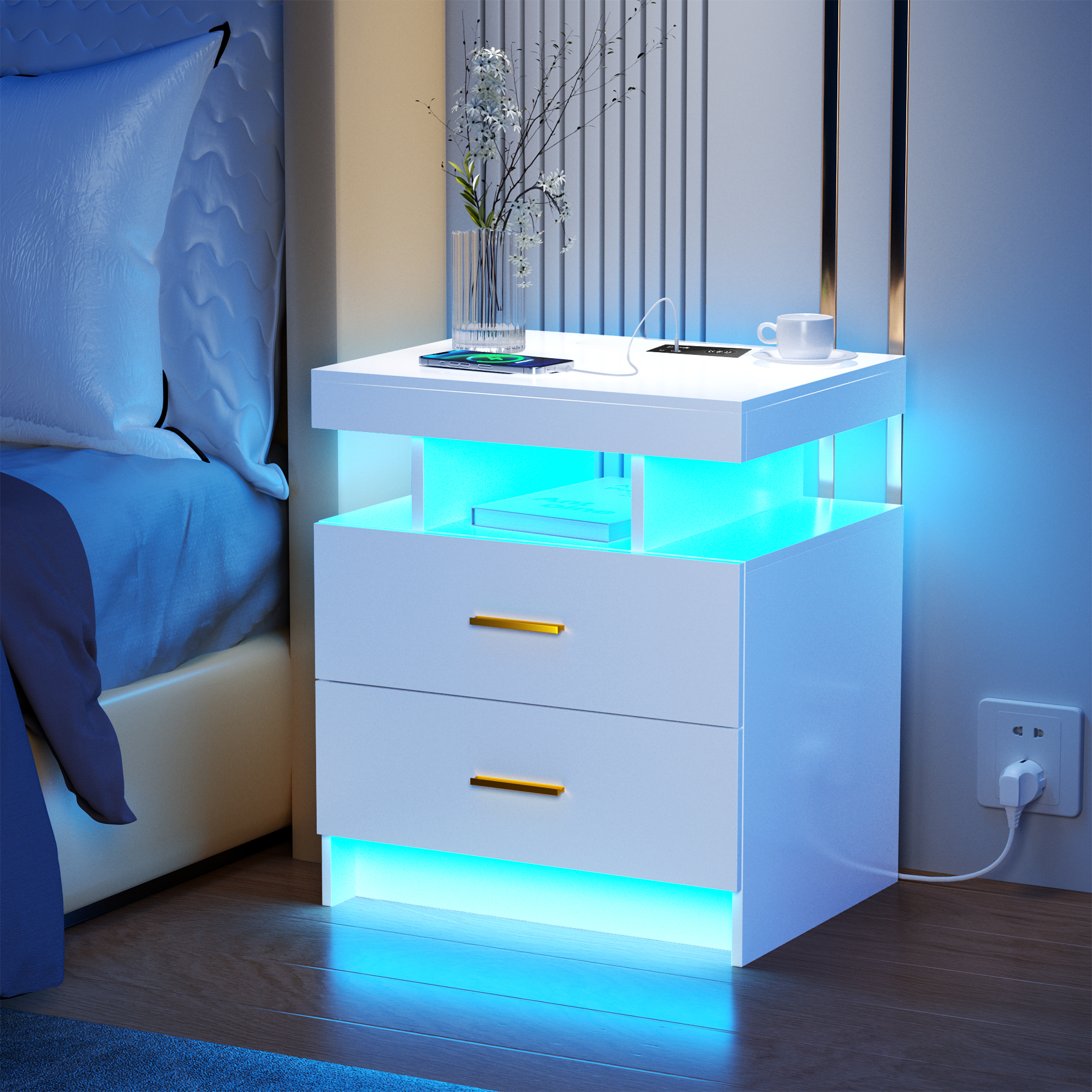 thumbnail video image 2 of Dalattin LED Night Stand with Charger Station Type C USB Port, End Bedside Table for Bedroom, Black, 2 of 11