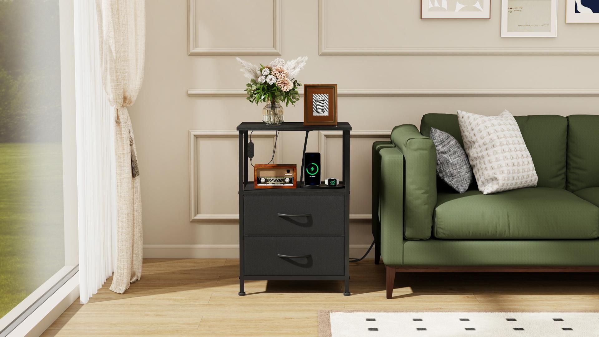 thumbnail video image 2 of Eunos 2 Drawer Black Small Nightstand with Charging Station, LED and Open Shelf for Bedroom, 2 of 9