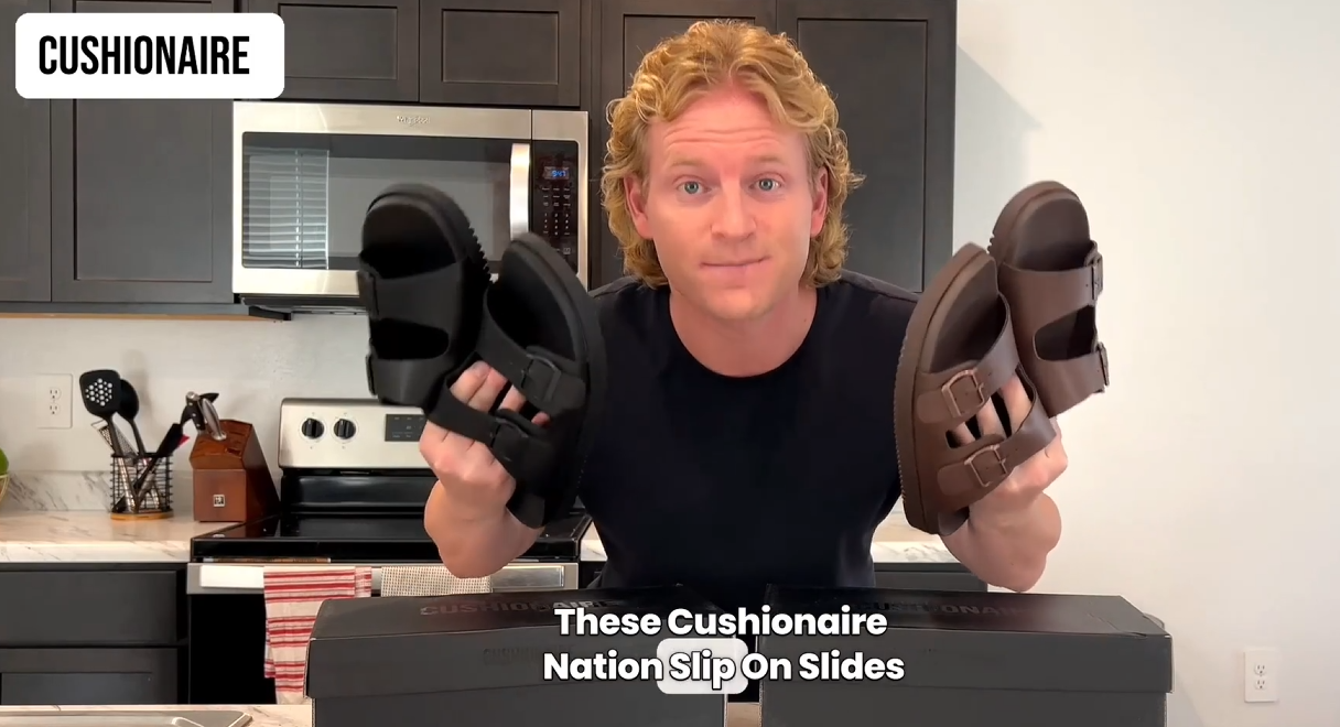 thumbnail video image 2 of Cushionaire Nation Slip On Slides for Men with Adjustable Straps, Cushioned Footbed and Ridged Grip Outsole - Everyday Mens Sandals, 2 of 11