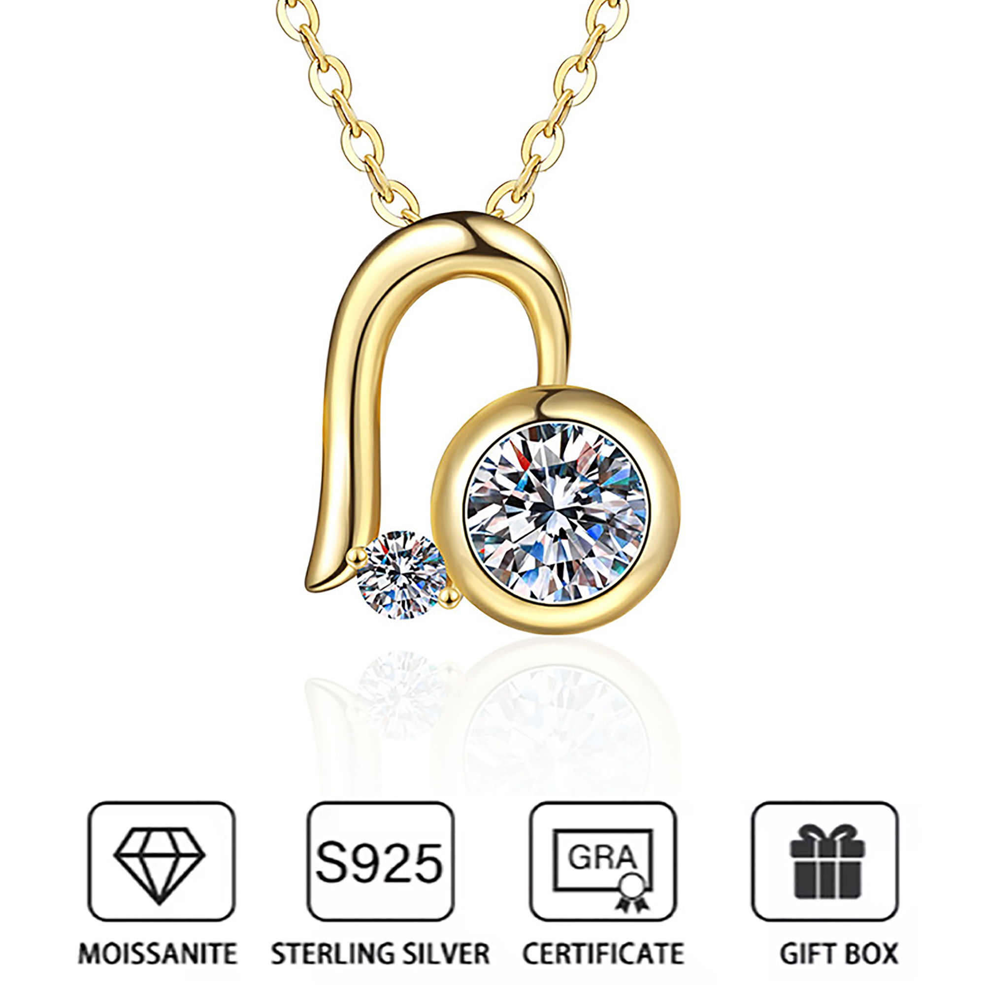 thumbnail video image 2 of GRA Certified Moissanite 1.2ct Necklaces, 18K Yellow Gold Plated 925 Sterling Silver Bezel Set Round Cut D Color VVS1 Lab Created Diamond Pendant Necklace for Women Men, 16" with 2" Extender, 2 of 16
