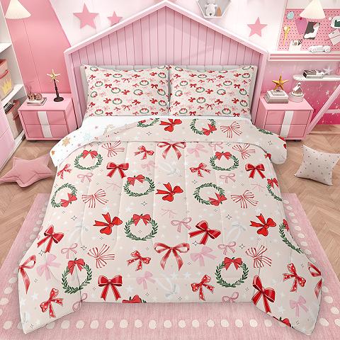 thumbnail video image 2 of Homewish Kawaii Bow Full Size Comforter Sets,Cartoon Xmas Ball Bedding Comforter Set,Pink White Red Bedding Sets For Girl Teens,Super Cozy Room Decor Reversible,3-Piece, 2 of 9