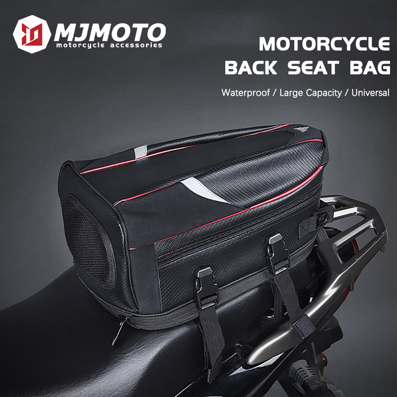 thumbnail video image 2 of Waterproof PU Leather Motorcycle Rear Seast Bag Trunk Carbon Fiber Pattern Motocross Tail Bag Handbag Rain Cover Black, 2 of 9