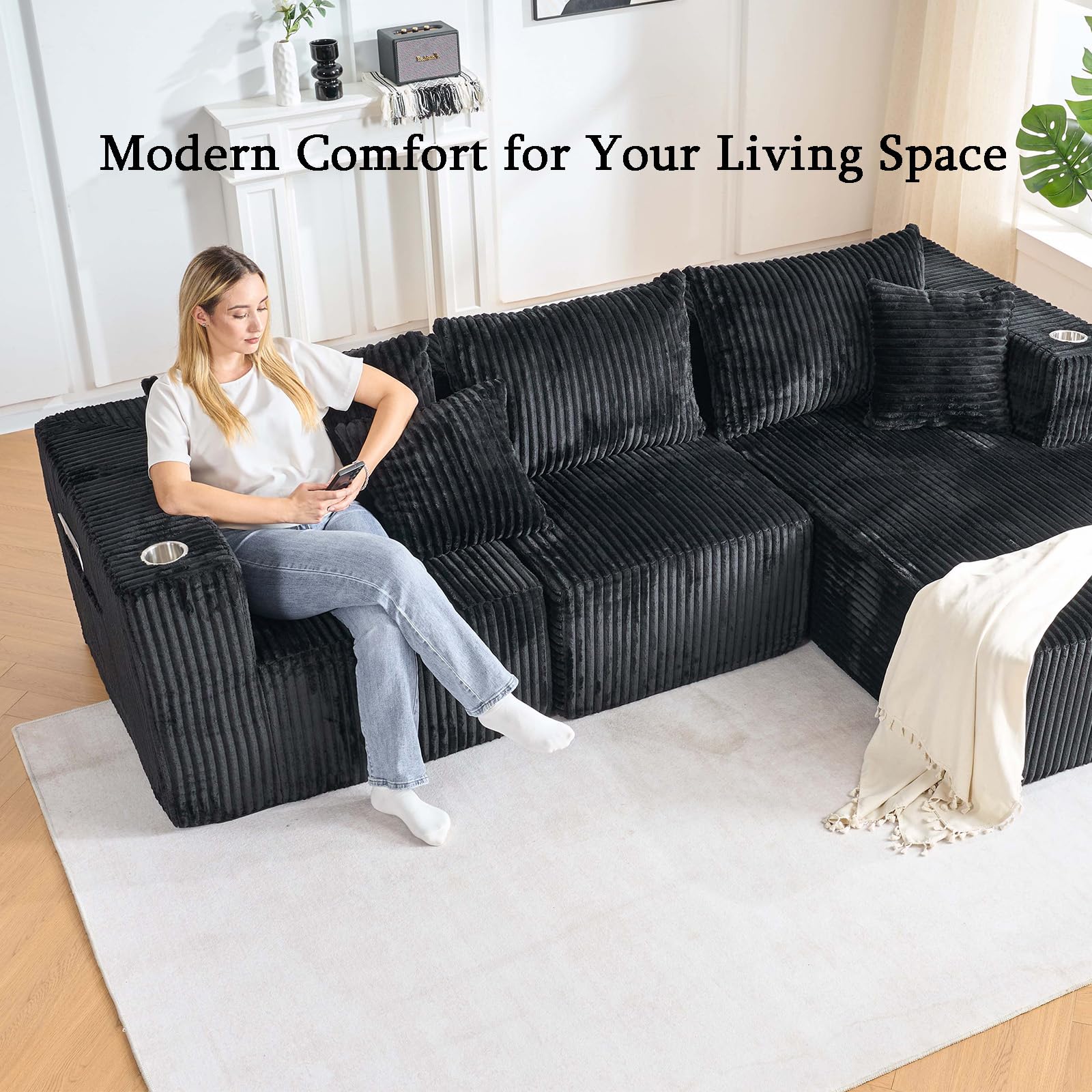 thumbnail video image 2 of Cloud Couch Sectional, 3 Seat Modular Sectional Sofa with Right Facing Chaise, Corduroy Deep Seat & High Resilience Support, No Assembly Required Boneless Couch for Living Room (Black), 2 of 8