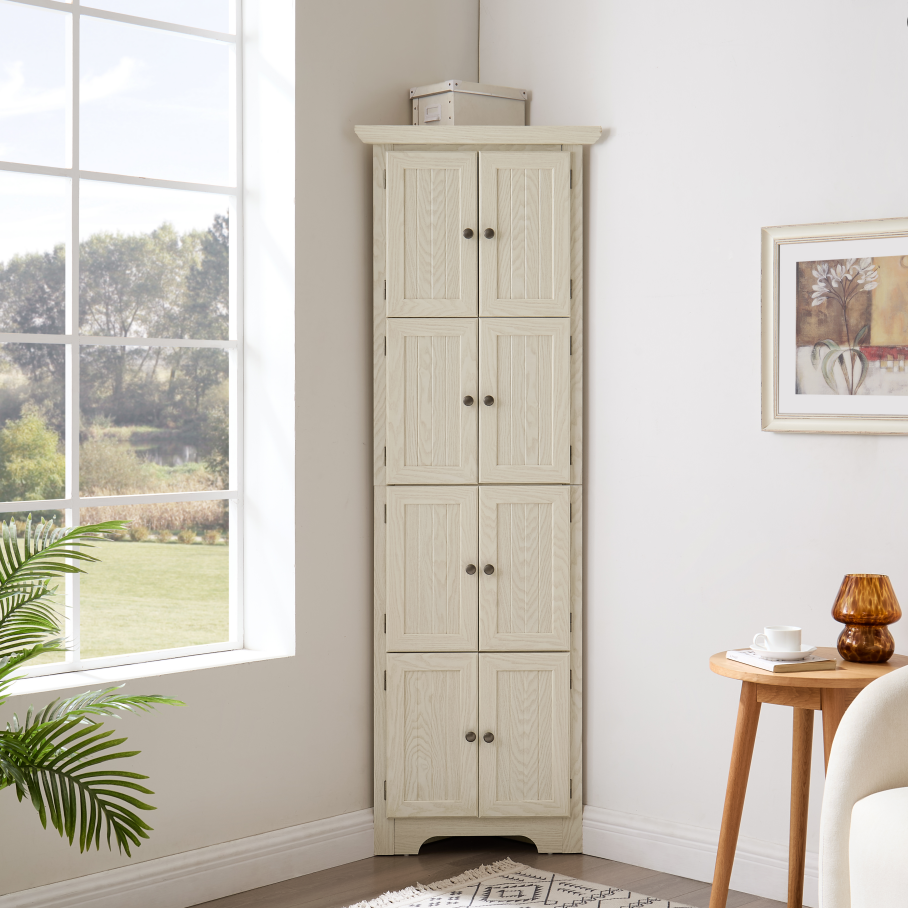 thumbnail video image 2 of Toauuo 72" 4-Tier Corner Kitchen Pantry Storage Cabinet - 8 Doors, Tall Corner Cabinet with Shelves, Farmhouse Style for Bathroom, Living Room, Kitchen, 2 of 21