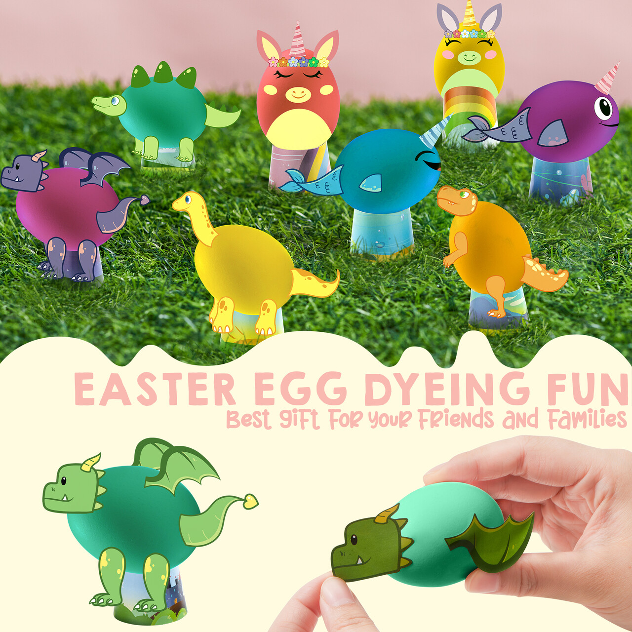 thumbnail video image 2 of Joyfy 27 Pcs Easter Egg Dye Kit,Animal DIY Easter Egg Decorating Craft Kit with Mermaid,Dinosaur and Unicorn Theme Stickers for Kids,Easter Egg Coloring, Home School Class Egg Crafts, 2 of 9