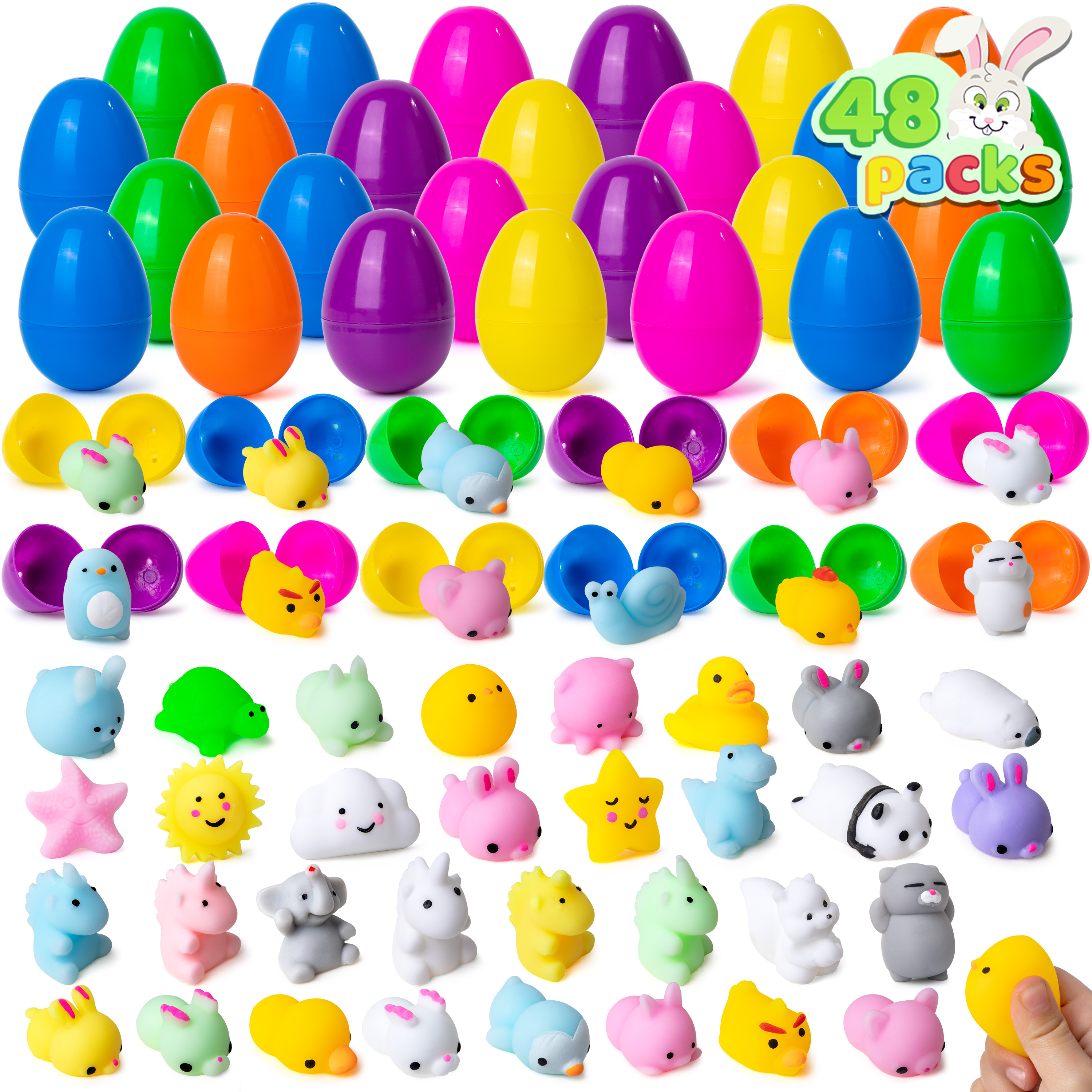 thumbnail video image 2 of Joyfy 48 Pack Prefilled Easter Eggs with Toys,Mochi Squishy Small Toys for Easter Eggs,Stuffed Easter Baskets for Toddler Kids, 2 of 10