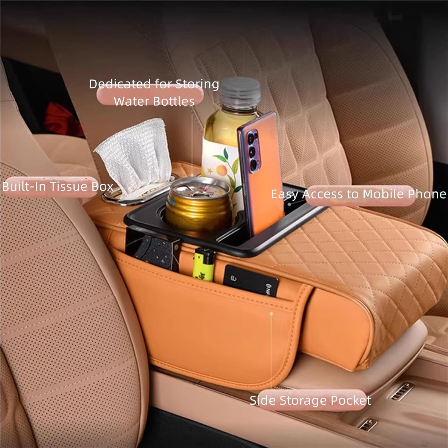 thumbnail video image 2 of 2026 New Multifunctional PU Leather Car Armrest Box Mat,5-in-1 Center Console Cover Cushion,With Cup Holder, Tissue Box & Phone Slot for Most Car Models, 2 of 8