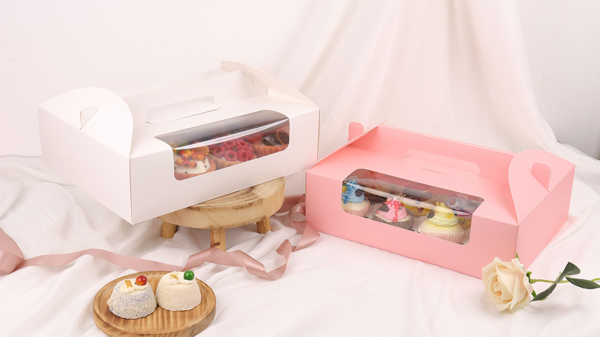 thumbnail video image 2 of 30 Pcs Cupcake Boxes, 12 Count Muffin Boxes with Handle, Window and Inserts, Pink Cupcake Holders Bakery Carrier Boxes for Cookies Treats Dessert, 2 of 8