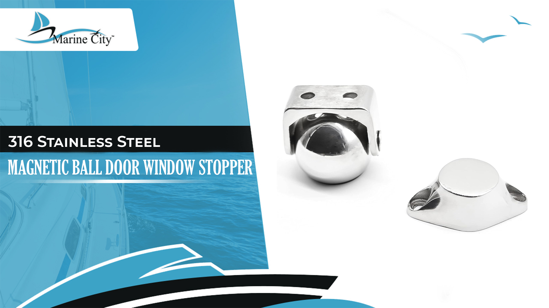 thumbnail video image 2 of MARINE CITY Magnetic Ball Door Window Stopper, Polished 316 Stainless Steel, Holds Up to 4 kg, Corrosion-Resistant,0.2 inch Screw Hole Diameter, For Boats, Marine, 2 of 8