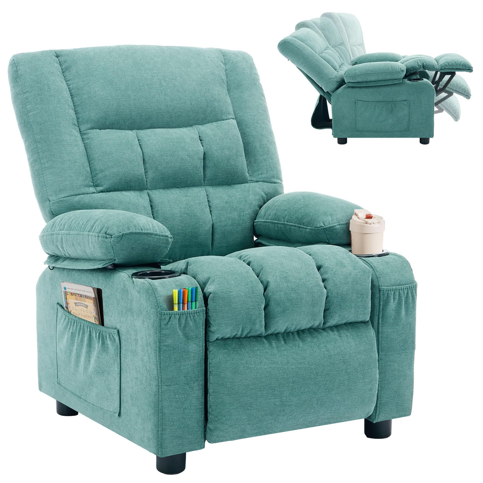 thumbnail video image 2 of JONPONY Kids Recliner Chair,Push Back Toddler Recliner with Cup Holders & Side Pockets,Adjustable Footrest & Headrest Kids Sofa for Boys Girls 3+ Age Group, Green, 2 of 9