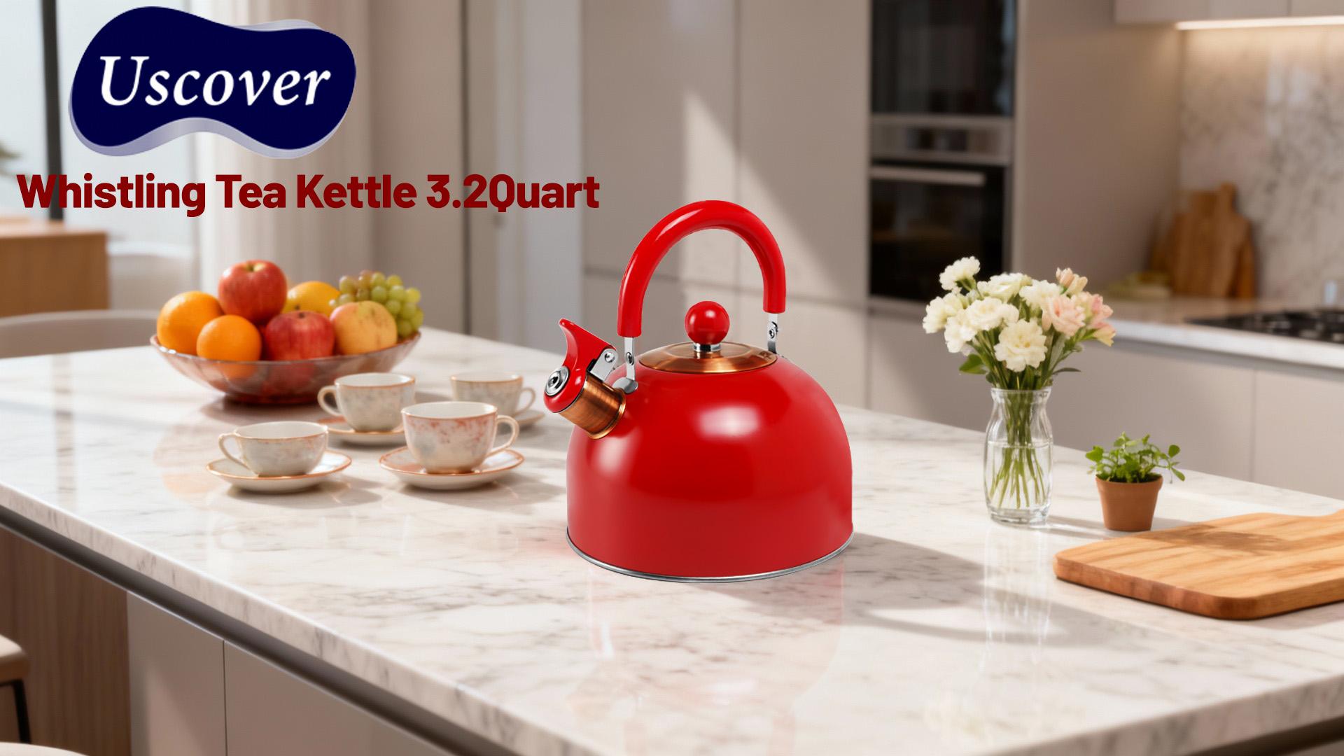 thumbnail video image 2 of Uscover Hearty Red Red Tea Kettle for Stove Top,2.64QT Whistling Water Pot with Foldable Handle,Stainless Steel Teapot for Stove, 2 of 12