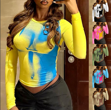 thumbnail video image 2 of Baqcunre Women's 3D Body Print Beautiful Sexy Long Sleeve Round Neck T-Shirt Sexy Tops for Women T Shirts for Women Y2K Tops Graphic Tees,Green,Xxl, 2 of 5