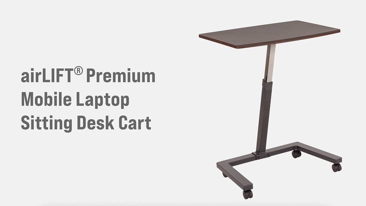 thumbnail video image 2 of Seville Classics airLIFT® Premium Height Adjustable Button Mobile Rolling Laptop Cart Desk w/ Wheels, Walnut, Flat (24"), 2 of 6